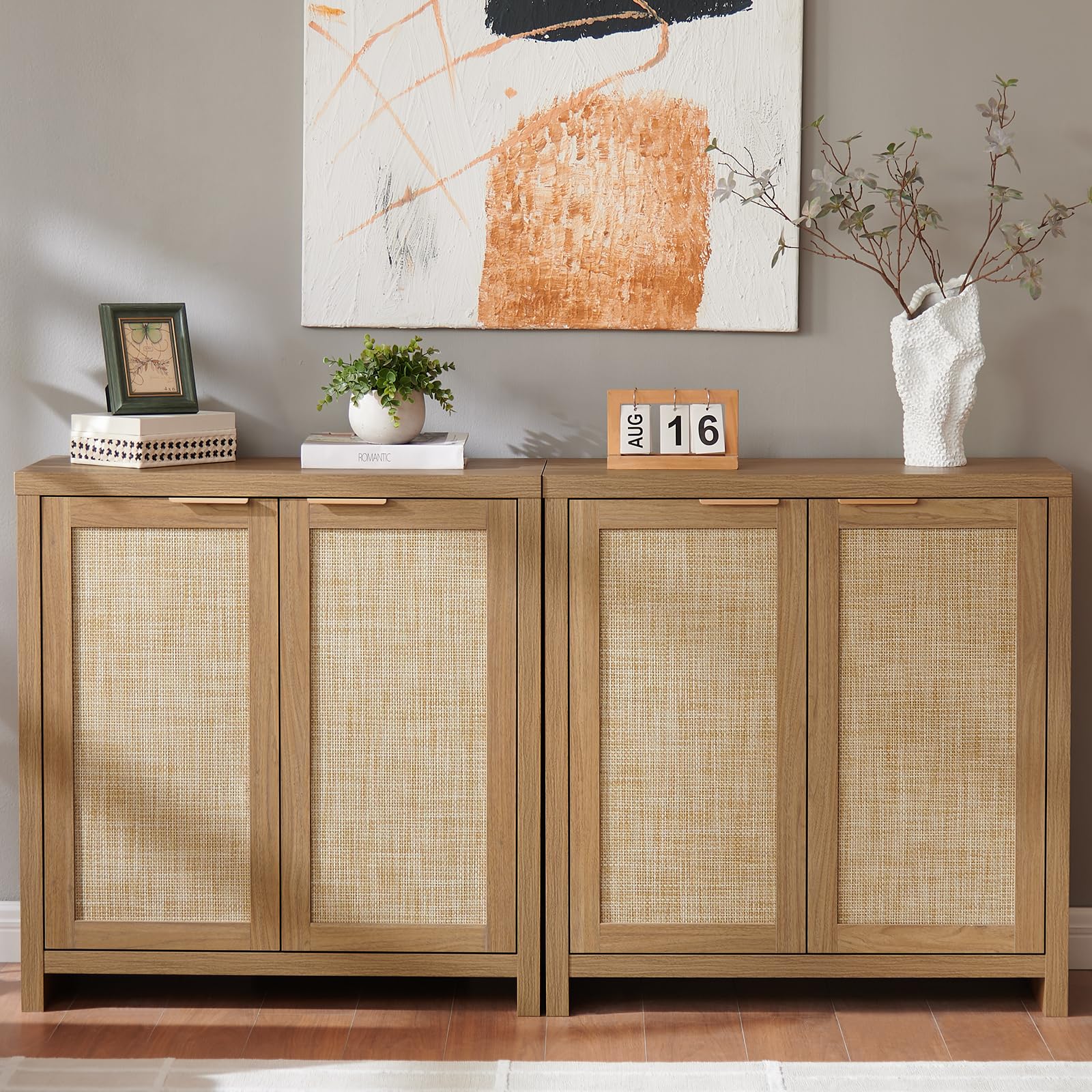 Hampstead Storage Sideboard Cabinet with Rattan Doors - Buffet Kitchen Cabinet with Adjustable Shelves, Accent Cupboard Console for Living Room & Hallway (Weathered Oak) - Perfect for Dining Room Storage, Entryway Organization & Home Decor