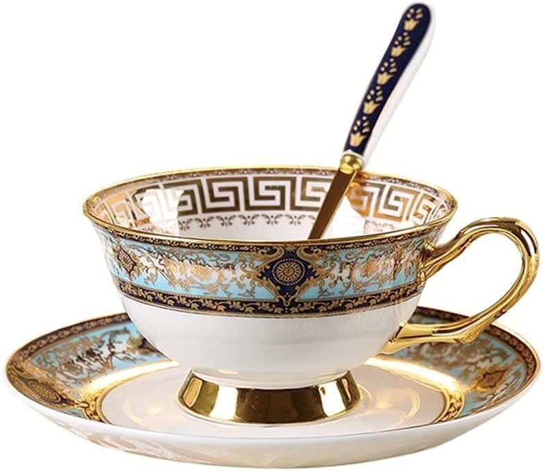 Premium European Style Gold Trim Bone China Coffee Cup and Saucer Set - Elegant British Floral Tea Cup for Afternoon Tea, Black Tea, and Coffee - Perfect for High Tea Parties, Bridal Showers, and Luxury Home Decor