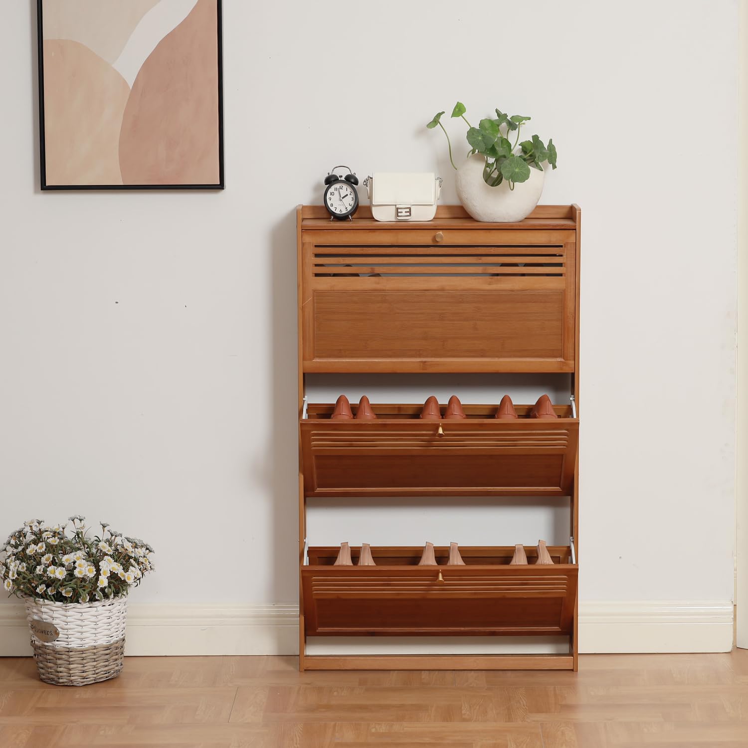 Latifolia 3-Tier Bamboo Shoe Storage Cabinet with Flip Drawers - Free Standing Shoe Organizer for Entryway, Hallway, Living Room (27.57