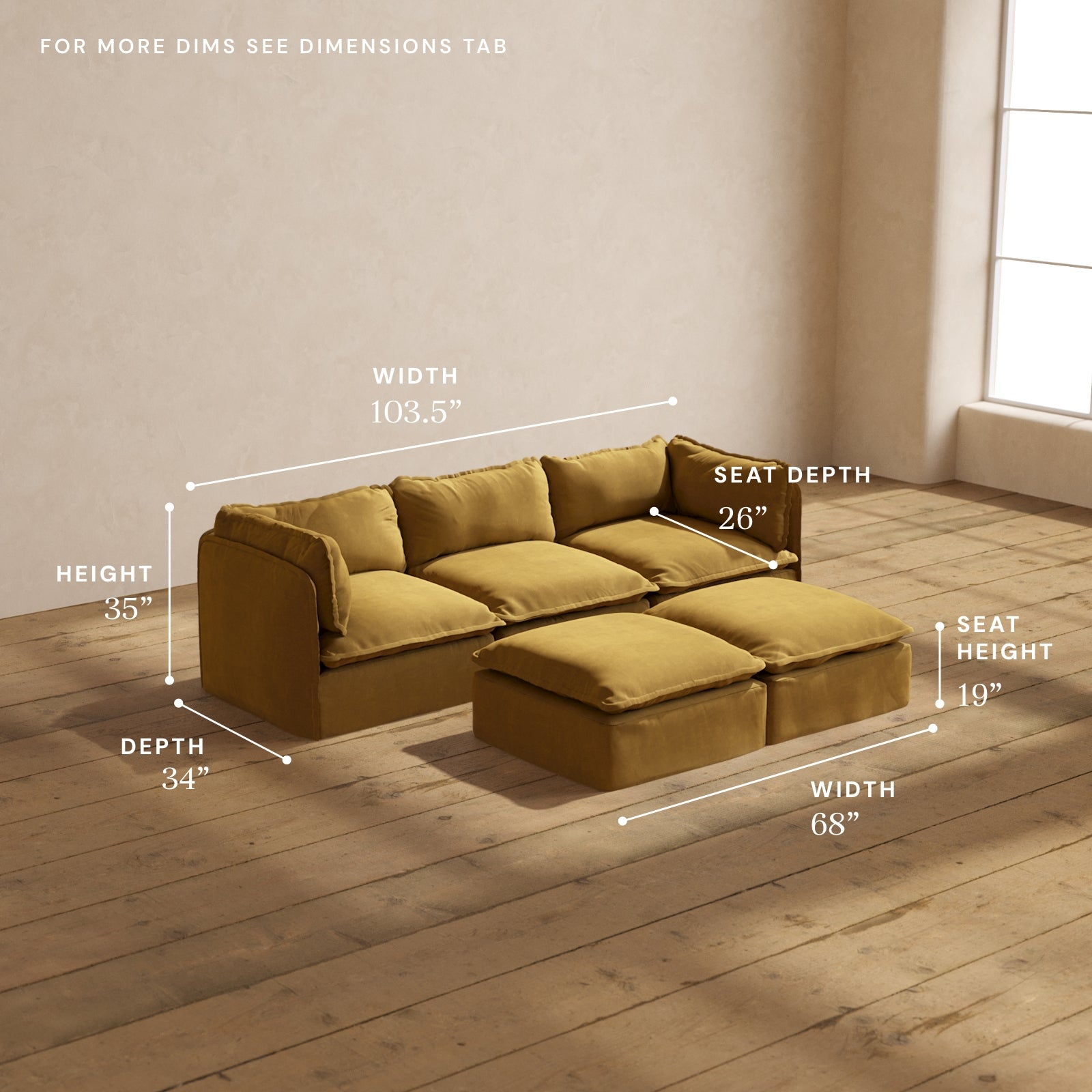 Modular Performance 3-Seater Sofa with Bench Ottoman in Toffee - Deluxe Blend Fabric | Comfortable Sectional Couch for Living Room, Family Room & Lounge Areas