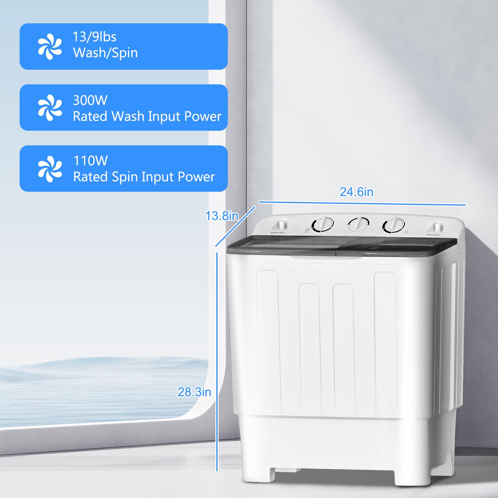 Compact Semi-Automatic Twin Tub Washing Machine - 22lbs Capacity (13lbs Wash/9lbs Spin) - Portable Laundry Solution for Camping, Apartments, Dorms, RVs & Small Spaces - Perfect for Travel, Off-Grid Living & Tiny Homes