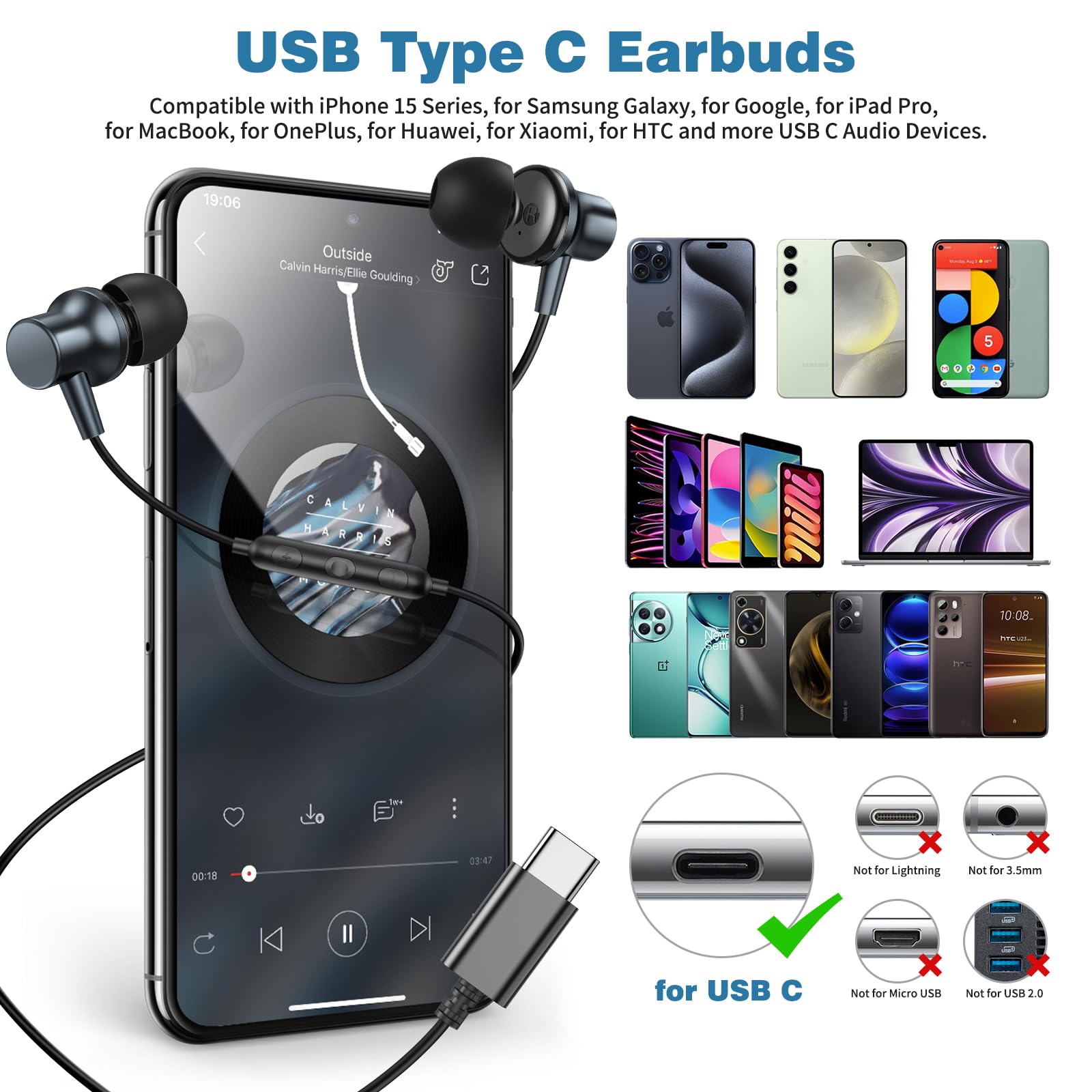 COOYA USB C Wired Earbuds with Mic - Noise Cancelling Magnetic In-Ear Earphones for iPhone 16 Pro/16e/15, iPad 10/Air, Pixel 9/8, Samsung S25 Ultra/A16/S23/S22/A35/A56, OnePlus 13 - Perfect for Commuting, Gaming & Work Calls