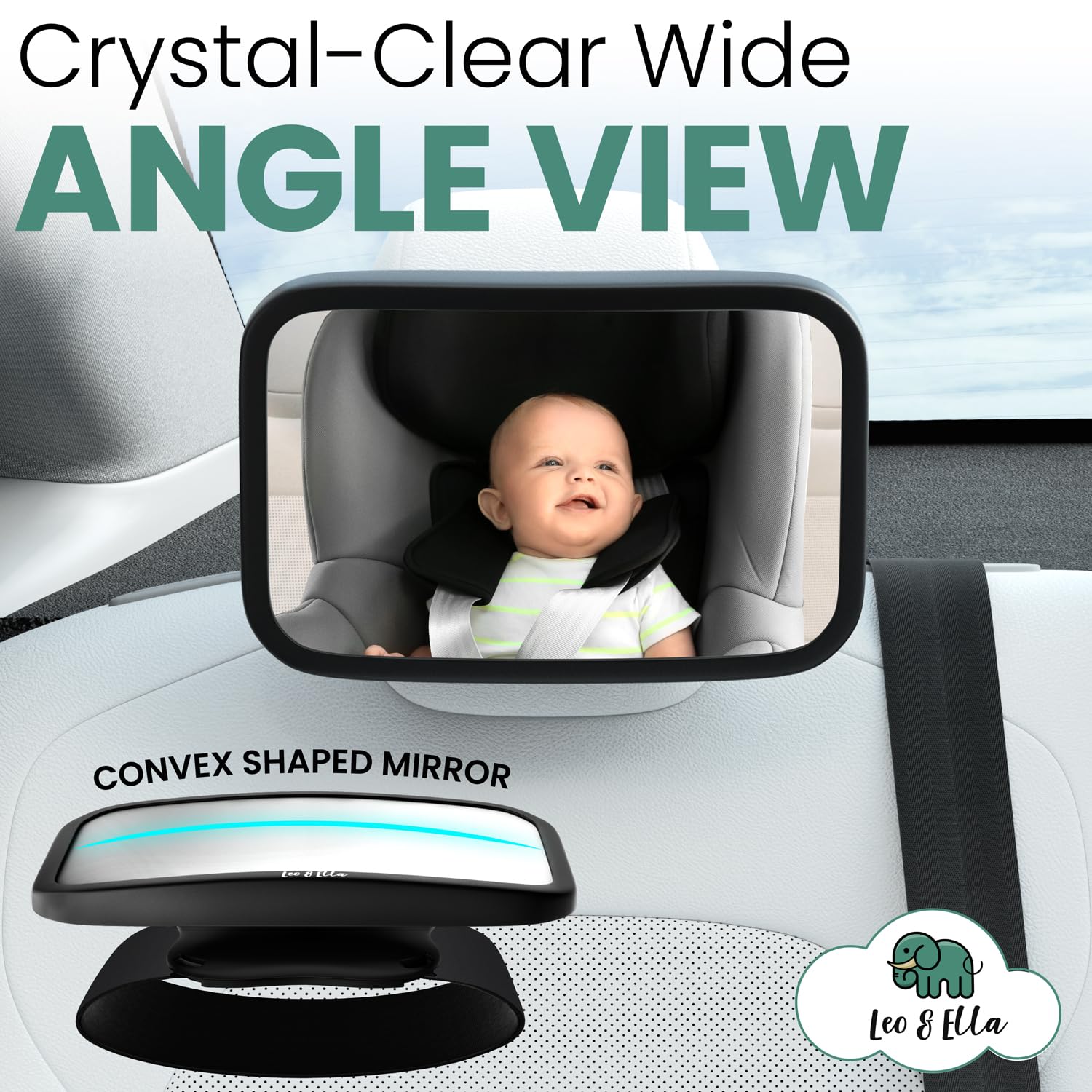 Leo and Ella Tesla Fixed Headrest Baby Car Mirror - Extra Large Shatterproof Rear-Facing Infant Mirror with Adjustable Safety Mount & Elastic Strap for Safe Driving - Perfect for Tesla Model 3/Y/X/S & Family Road Trips