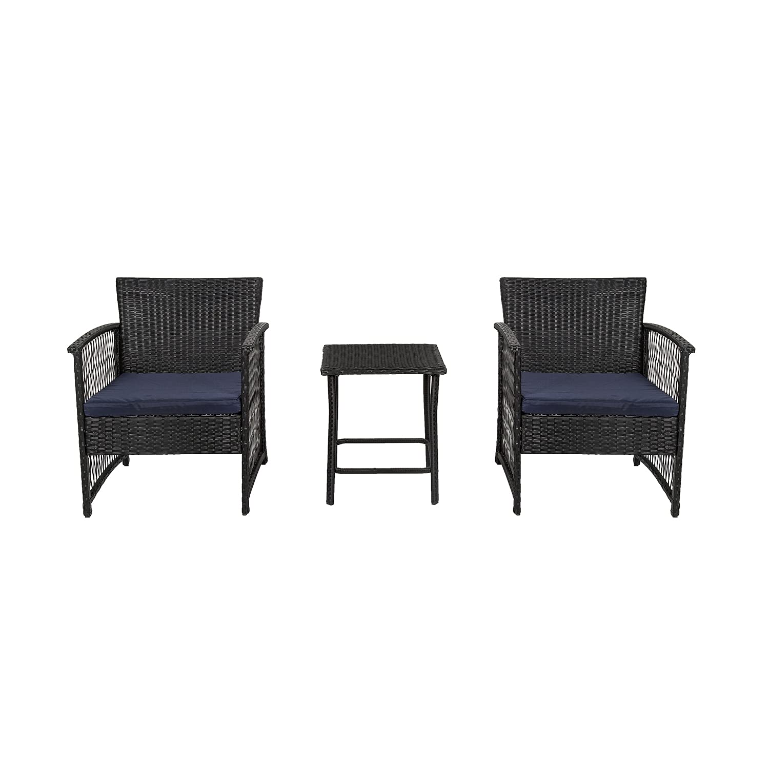 3PC Rattan Wicker Bistro Conversation Set for Outdoor Patio, Black/Gray Black/Navy - Perfect for Garden, Balcony, and Backyard Relaxation
