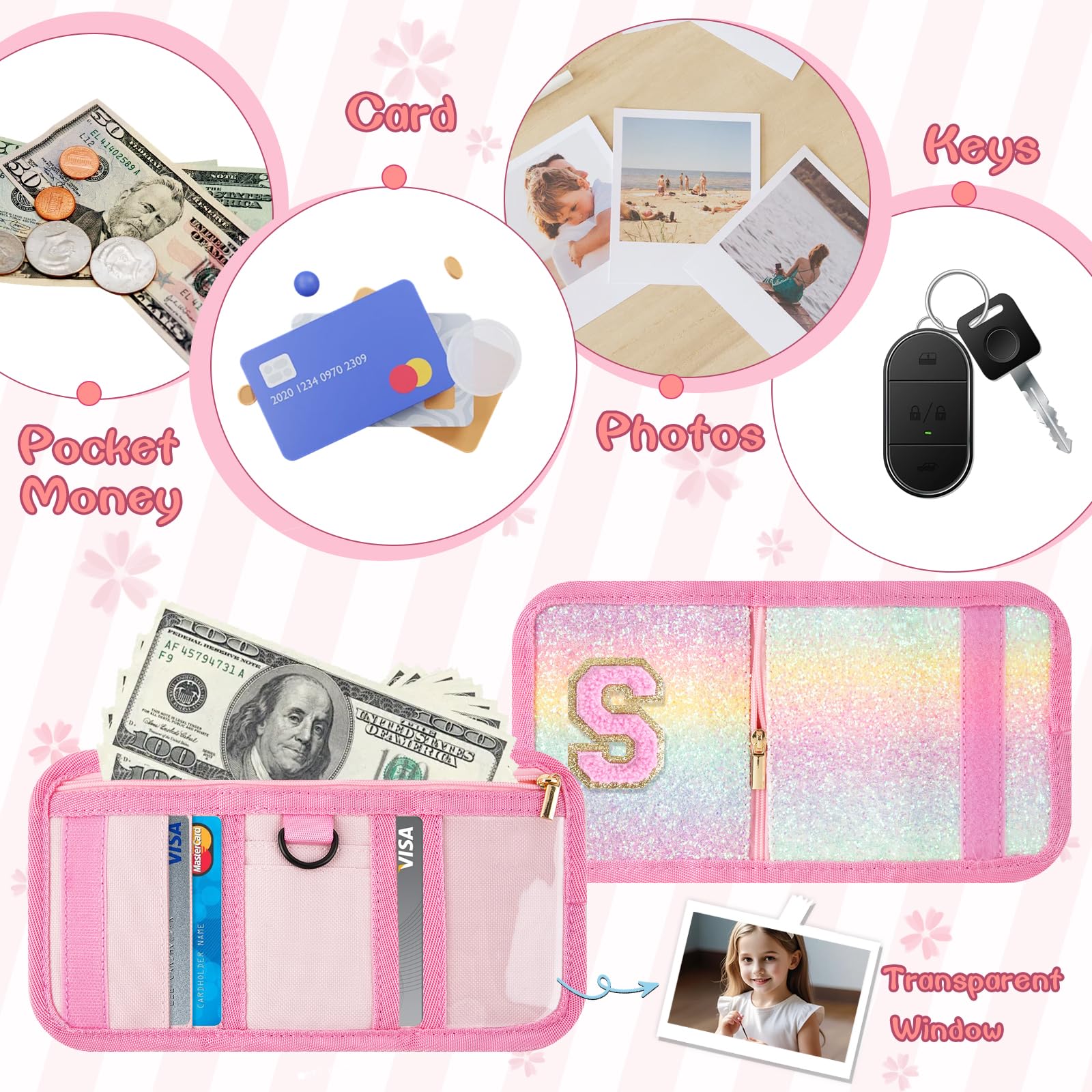 Personalized Initial Trifold Wallet for Girls Ages 2-10 - Cute Rainbow Glitter Coin Purse with Magic Sticker | Small Letter Wallet for Kids & Teens | Perfect Gift for Birthdays, School & Everyday Use (Pink)