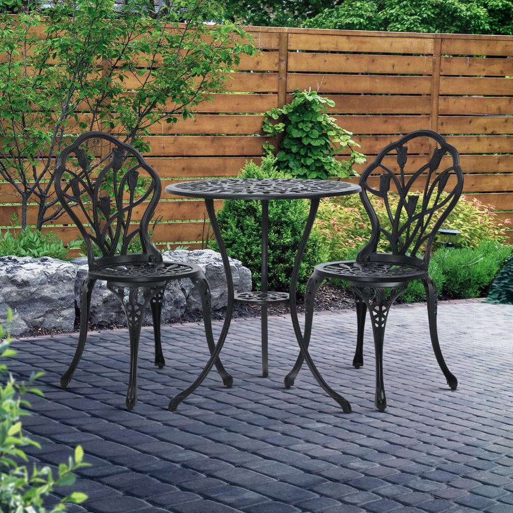 3-Piece Outdoor Bistro Set - Cast Aluminum Patio Table and Chairs in Black - Perfect for Garden, Balcony, and Backyard Dining