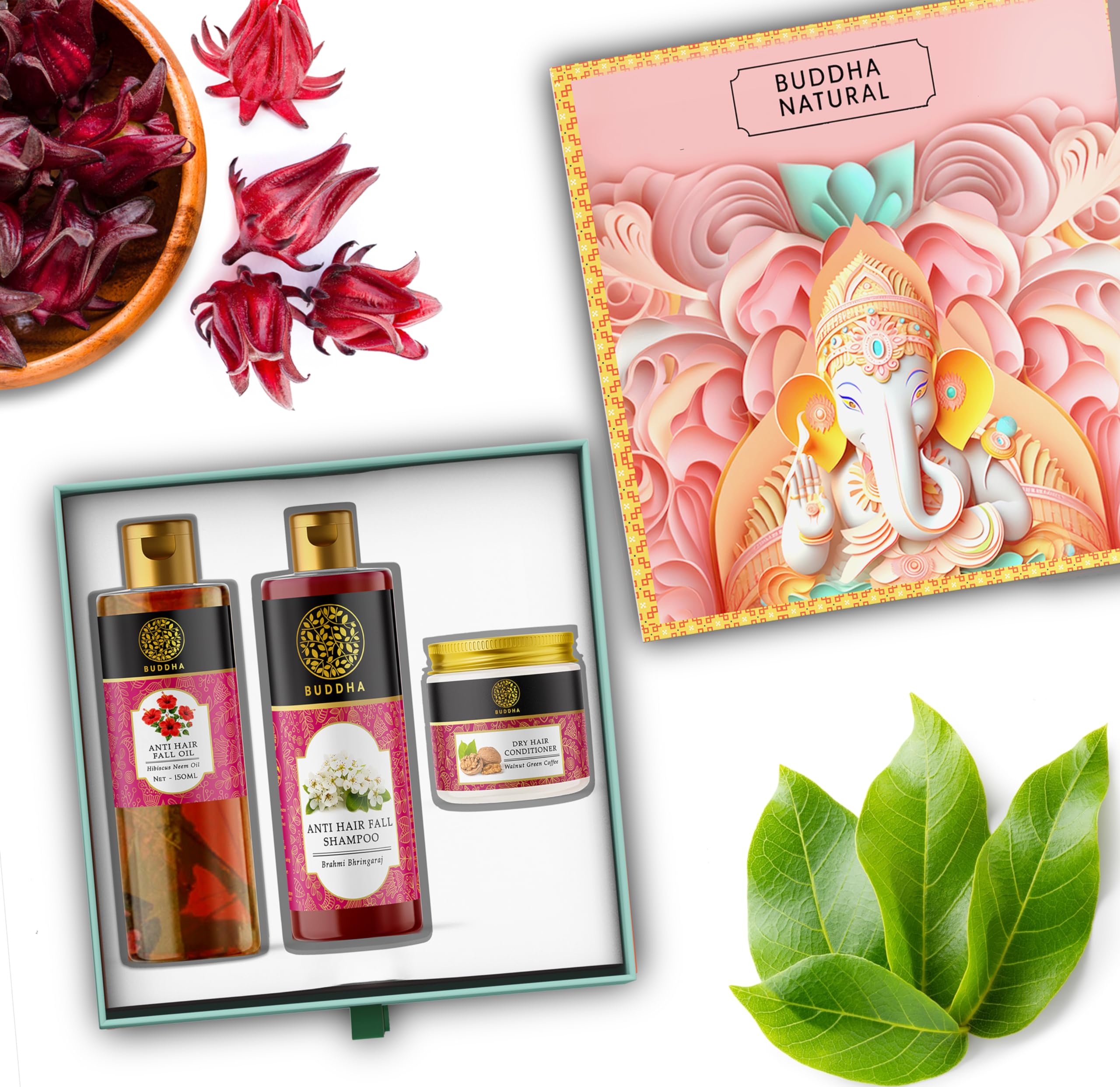 Buddha Natural Hair Care Gift Box - Mighty Ganesha Ayurvedic Hair Growth Kit (Nourishing Hair Oil, Strengthening Shampoo, Hydrating Conditioner) - Diwali Gift Pack for Women & Men - Reduces Hair Fall & Promotes Healthy Growth - Perfect for Daily Hair Care Routine & Festive Gifting