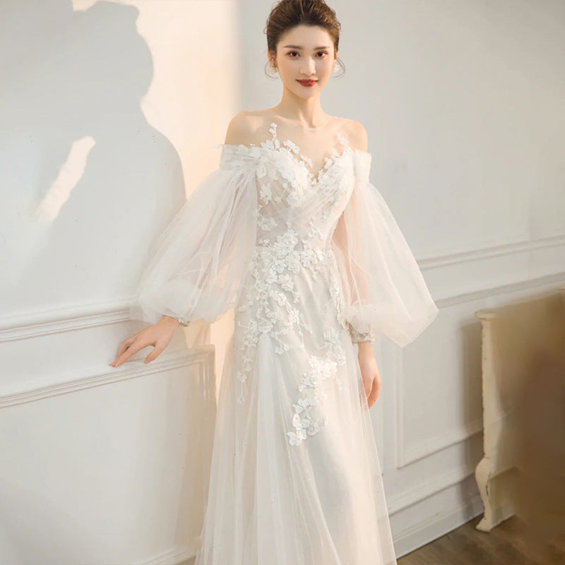 Elegant Long Sleeve Off-Shoulder Wedding Dress with Train - Fairy Tale Bridal Gown for Prom, Ball & Formal Events - Size 38 | Perfect for Church Ceremonies, Vow Renewals & Winter Weddings