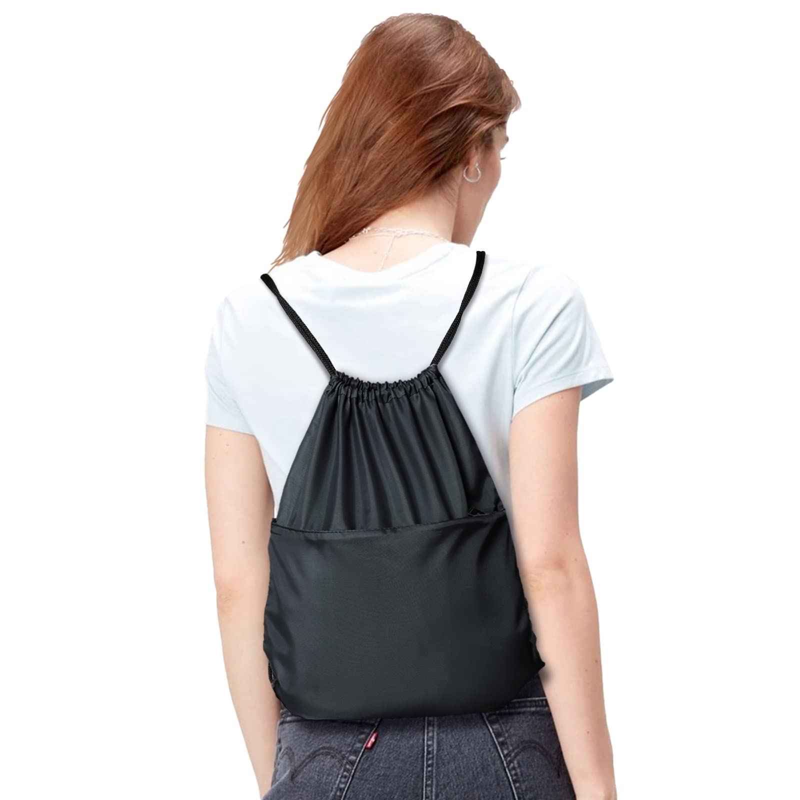 Lightweight Drawstring Backpack - 210D Nylon Foldable Gym Bag with Zipper Side Pocket for Men & Women | Perfect for Sports, Travel & School (Black)