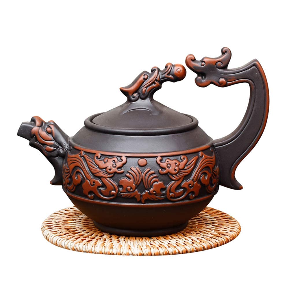 AWJ Pottery 350ml Handmade Purple Sand Teapot - Traditional Chinese Yixing Clay Teapot with Double Dragon Design, Antique Ceramic Kettle for Gongfu Tea Brewing | Perfect for Tea Ceremonies, Home Decor & Gift Giving