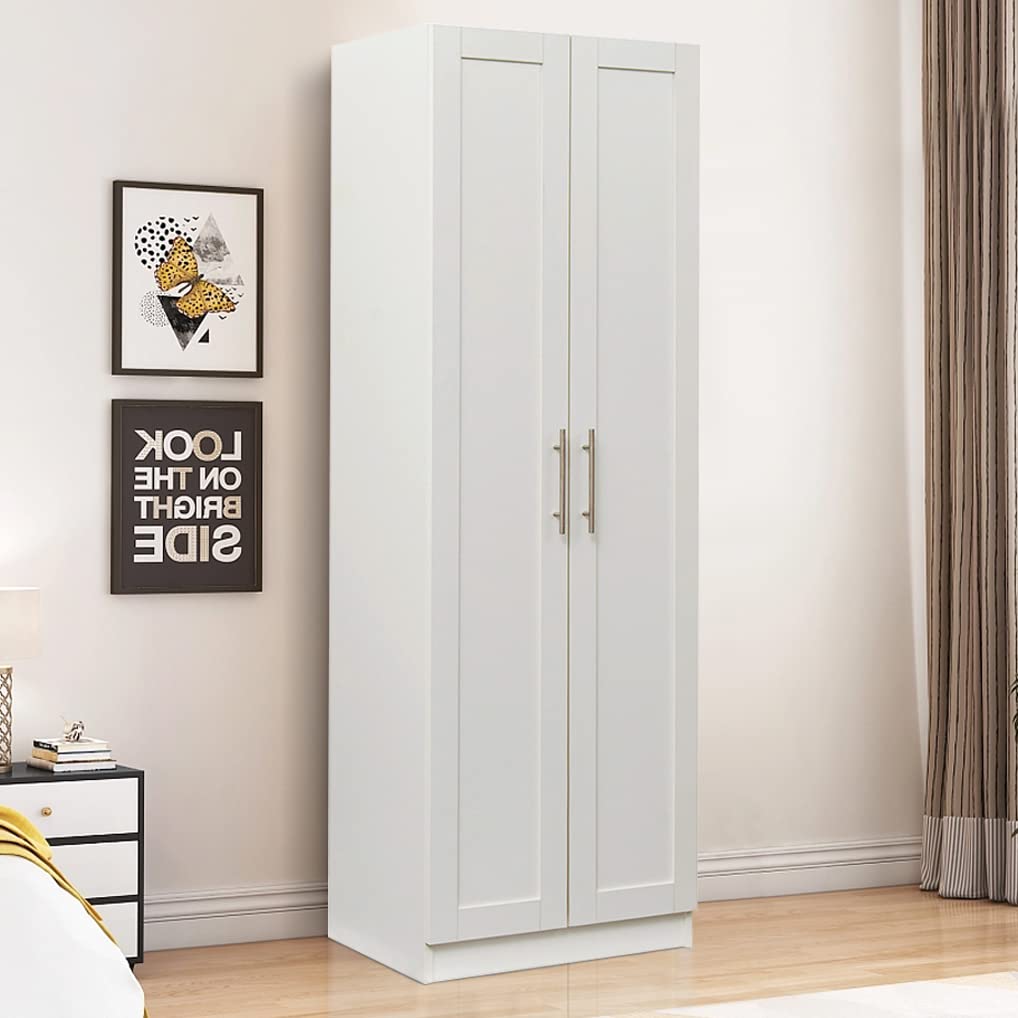 White Wooden Wardrobe Closet with 2 Doors & 3 Partitions - 4 Storage Spaces for Bedroom, Cloakroom, or Entryway - Tall Storage Cabinet for Clothes, Shoes & Accessories Organization