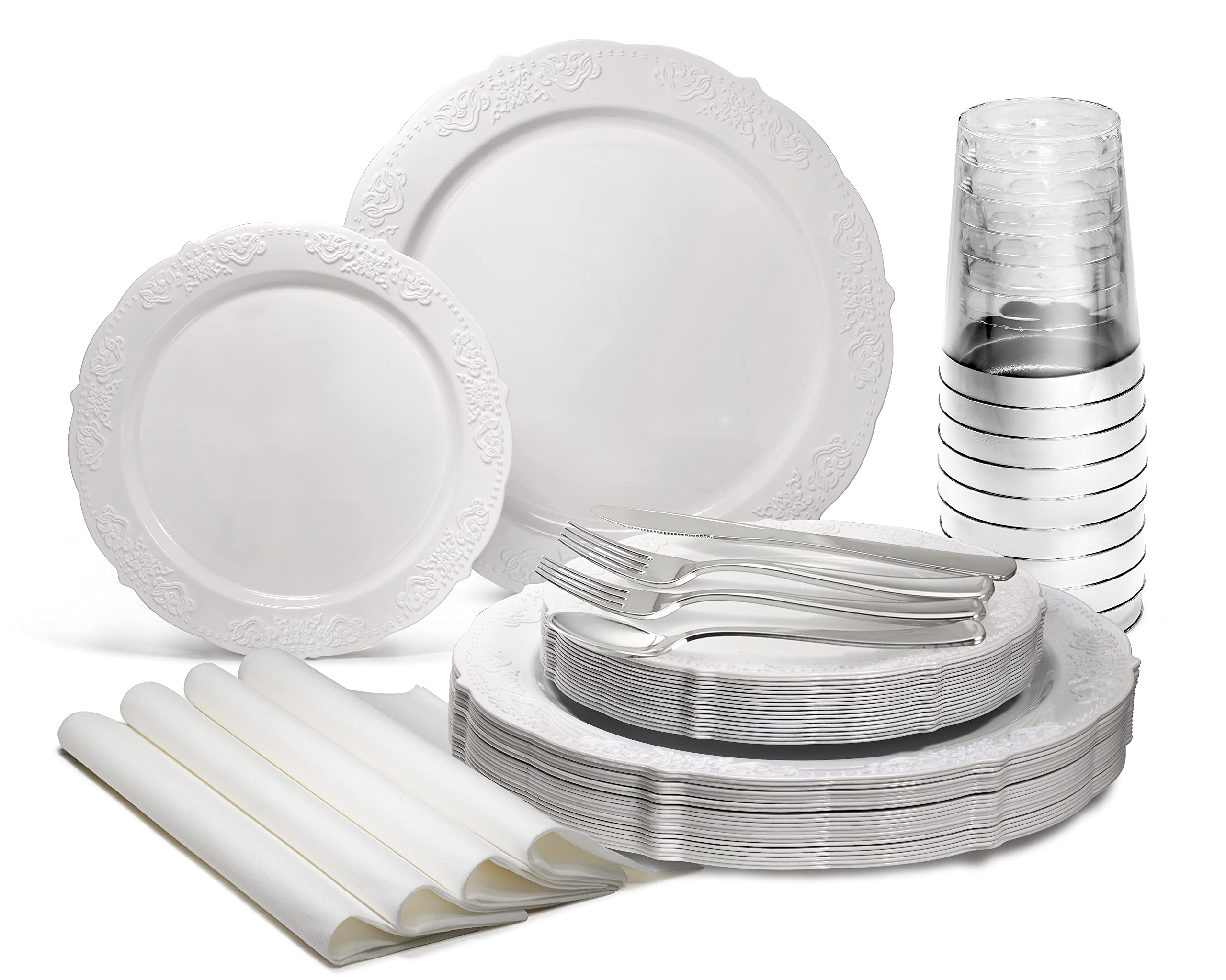 960-Piece Vintage Wedding Party Disposable Plastic Plate Set (120 Guests) - Includes 10.25'' & 7.5'' Plates, Silverware, Cups & Napkins in Portofino Plain White - Perfect for Weddings, Bridal Showers & Large Events