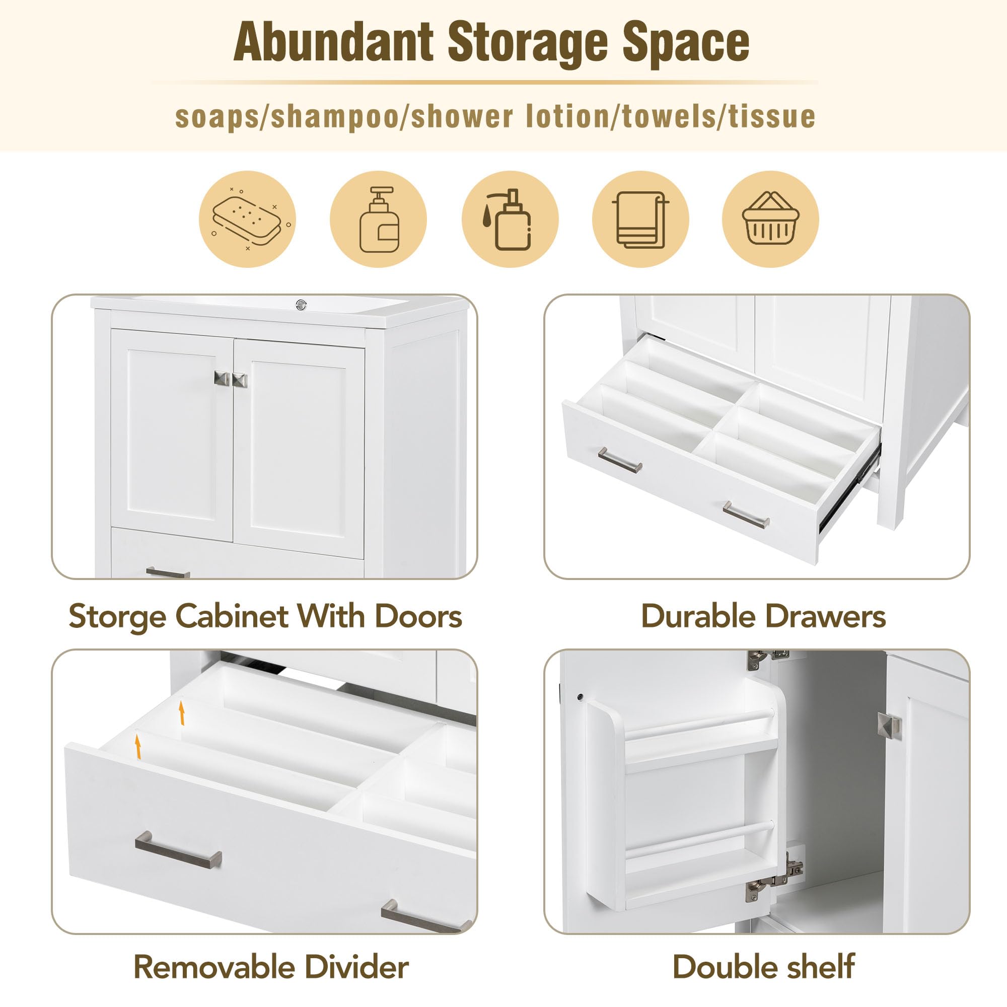 30 Inch White Bathroom Vanity with Sink - 2 Door Storage Cabinet & Drawer, Multifunctional Bathroom Organizer (30