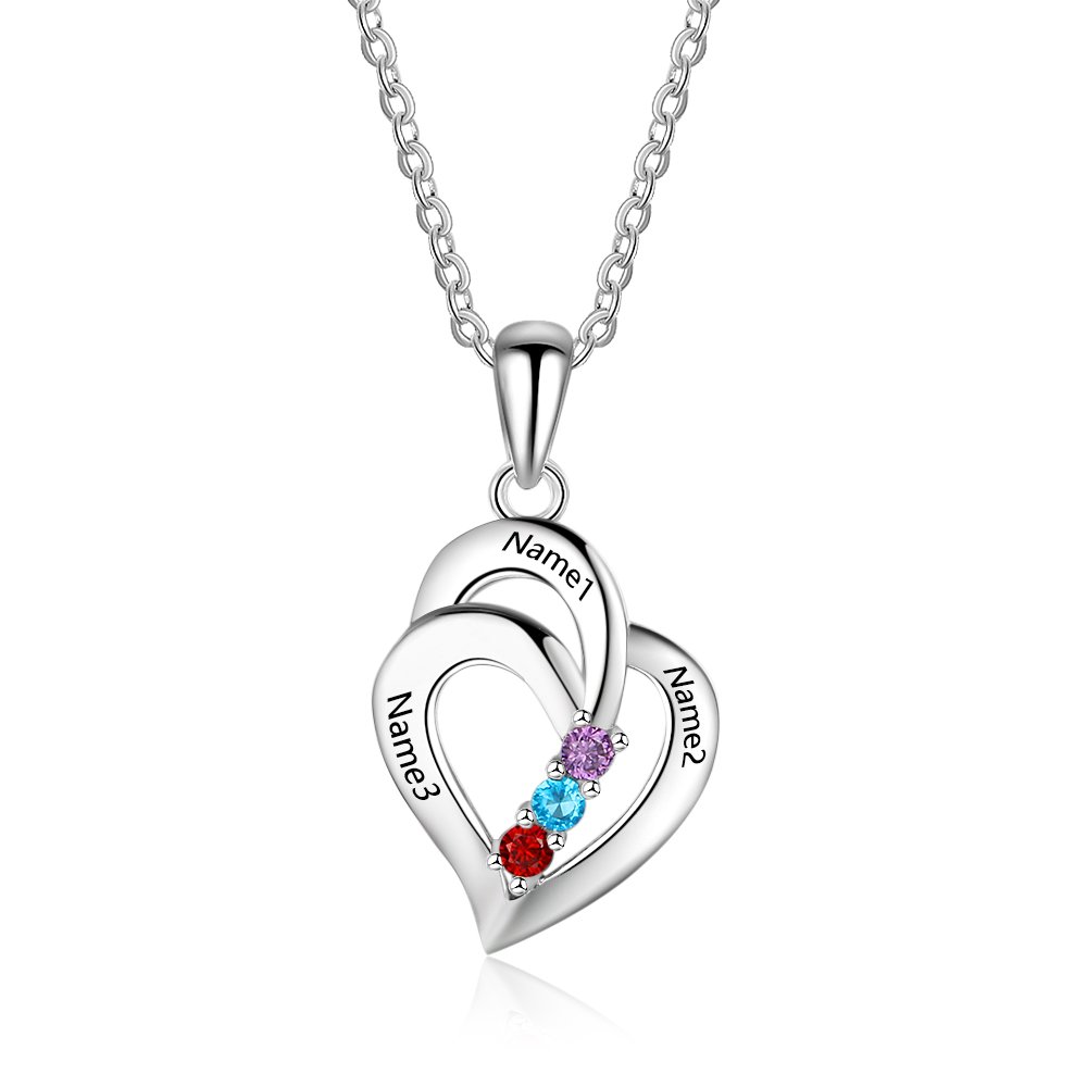 Custom Sterling Silver Mothers Necklace - 3 Birthstones & Engraved Names - Heart Pendant for Family Gifts & Special Occasions