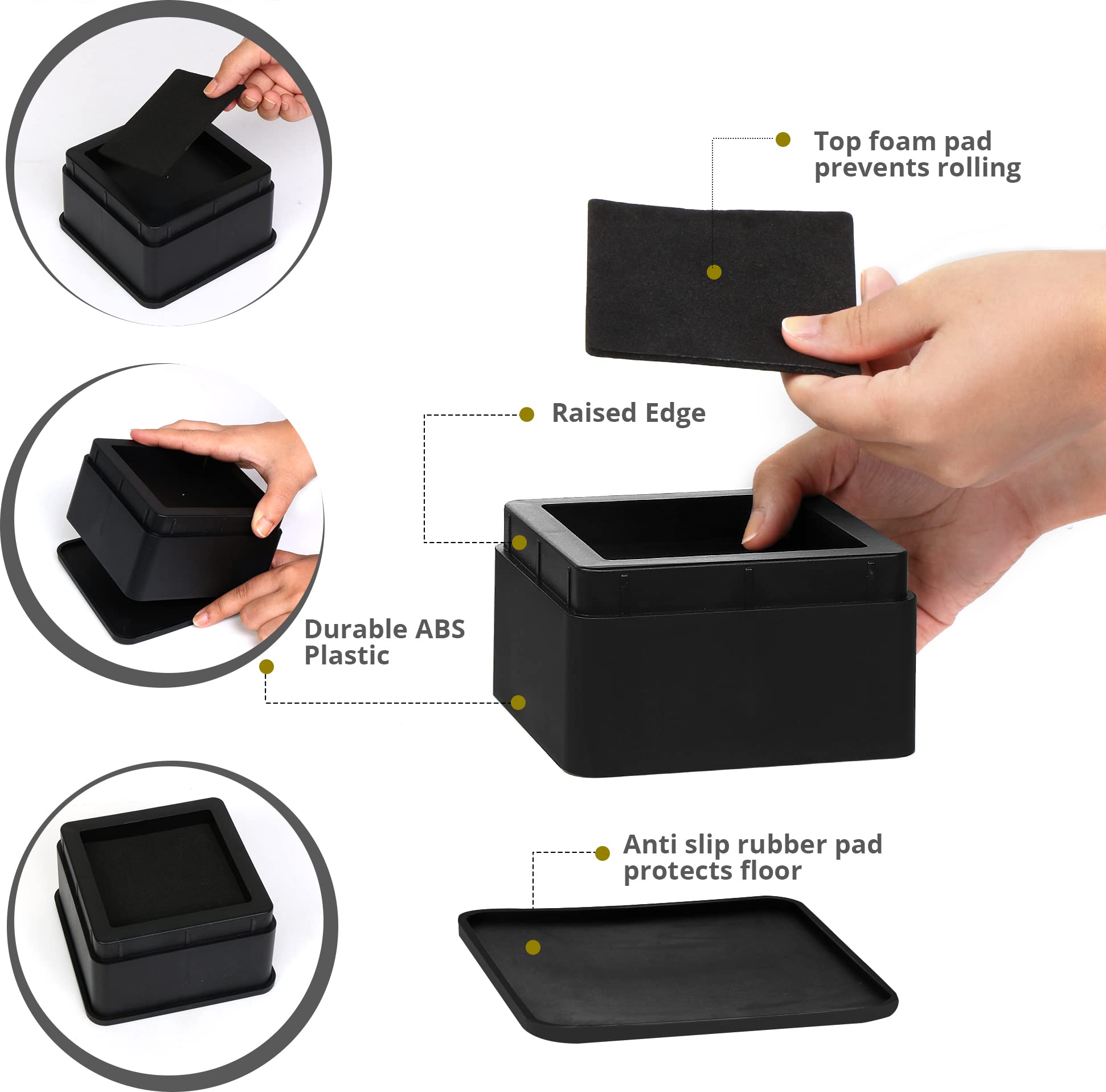 Utopia Bedding 2 Inch Bed Risers - Heavy Duty Furniture Risers with Anti-Slip Foam & Rubber Pads - Pack of 4 Stackable Bed Lifts for Sofa, Bed, Table, Couch & Chair - Perfect for Dorm Rooms, Guest Beds & Home Office (Black)