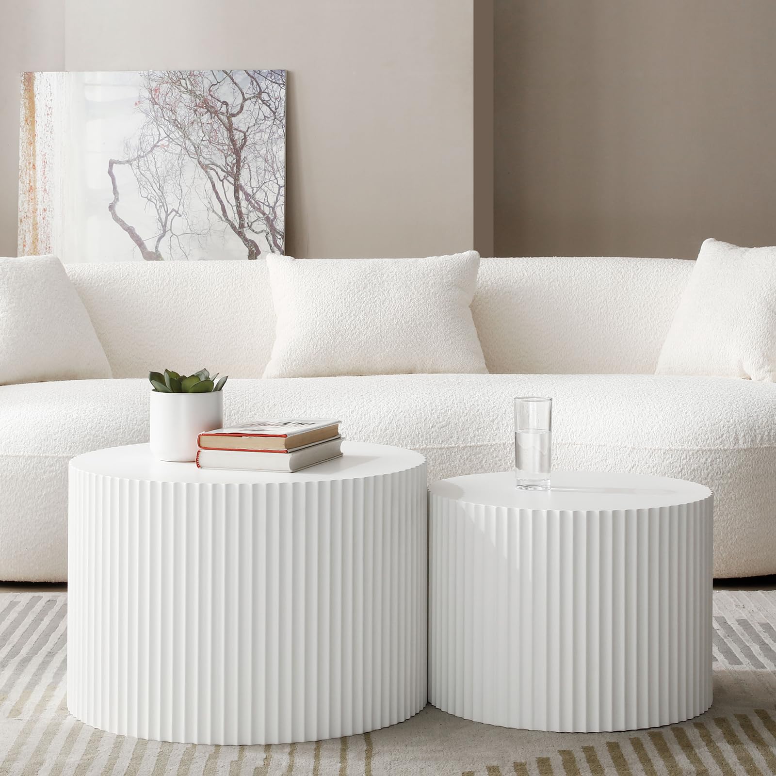 Modern Round Nesting Coffee Table Set of 2 - Handcrafted Wood Drum Side Tables with Embossed Design - White Accent End Tables for Living Room, Bedroom & Office - Perfect for Small Spaces, Coffee Serving & Home Decor