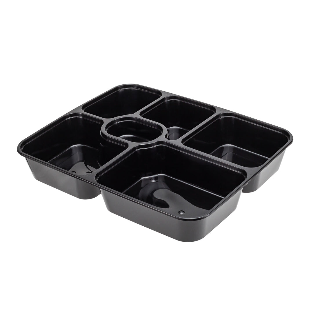 53 oz Black Plastic 6-Compartment Food Storage Container with Clear Lid - Microwave Safe (9.75
