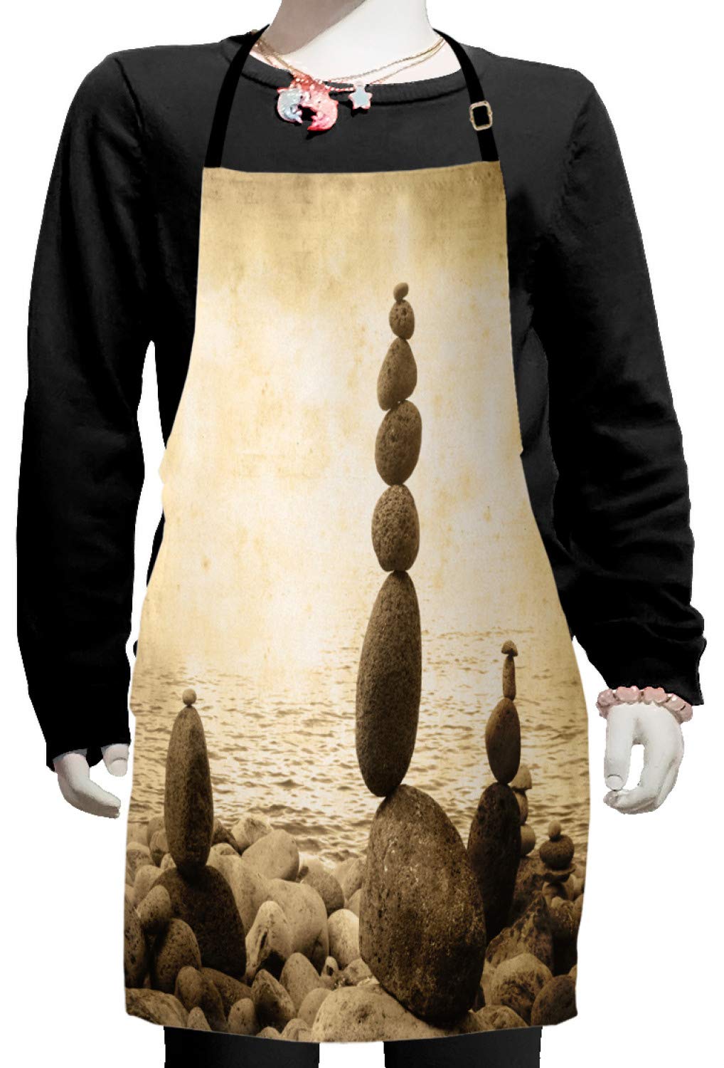 Ambesonne Ocean Print Apron - Coastal Shore Water Design with Sepia Rocks & Pebbles - Adjustable Ties for Baking, Painting & Cooking - Small Size Beige Brown - Perfect for Home Chefs, Artists & Beach-Themed Parties
