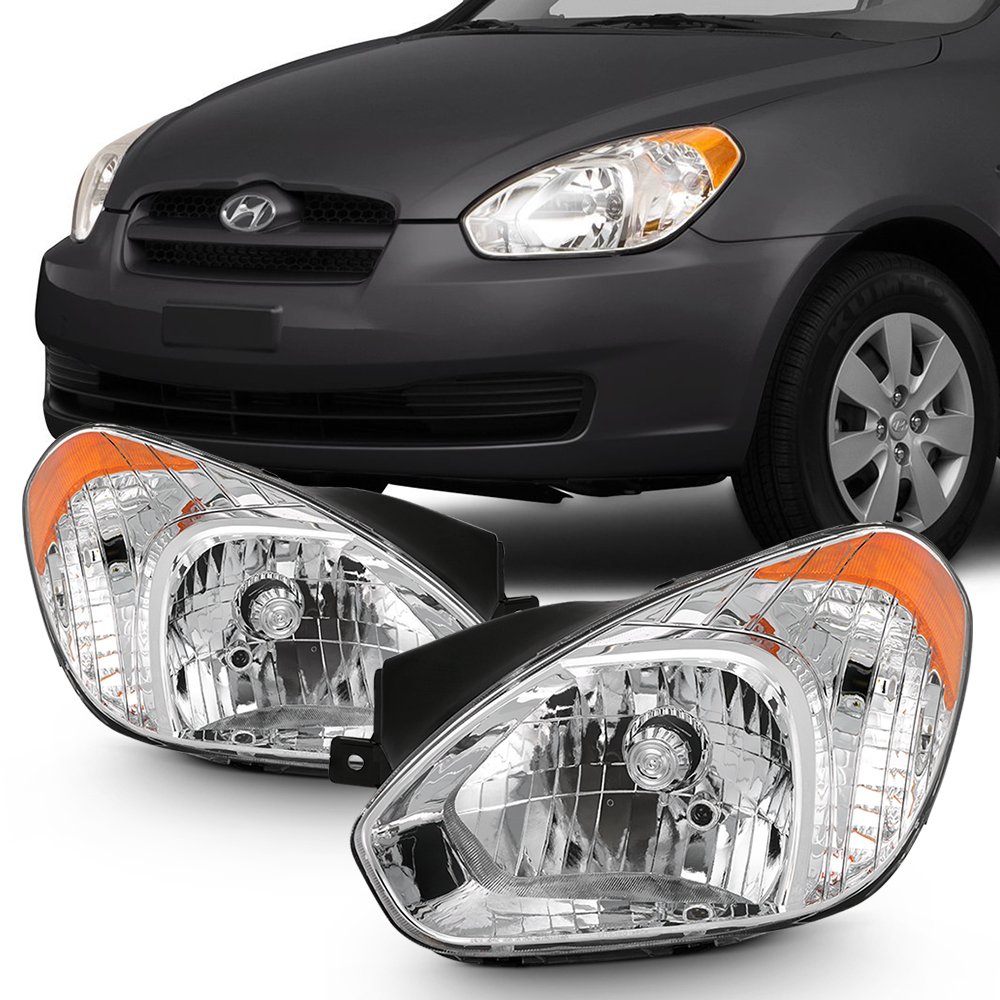 AKKON Chrome Housing Clear Lens Headlight Assembly Full Set for 2006-2011 Hyundai Accent - Upgrade Your Car Lighting for Night Driving & Enhanced Visibility