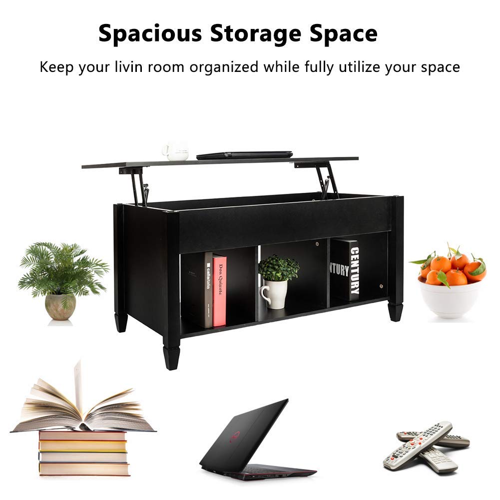 Modern Lift Top Coffee Table with Hidden Storage - Solid Wood Living Room Furniture, Convertible Desk & Shelf - Black - Perfect for Small Spaces, Home Office & Entertaining
