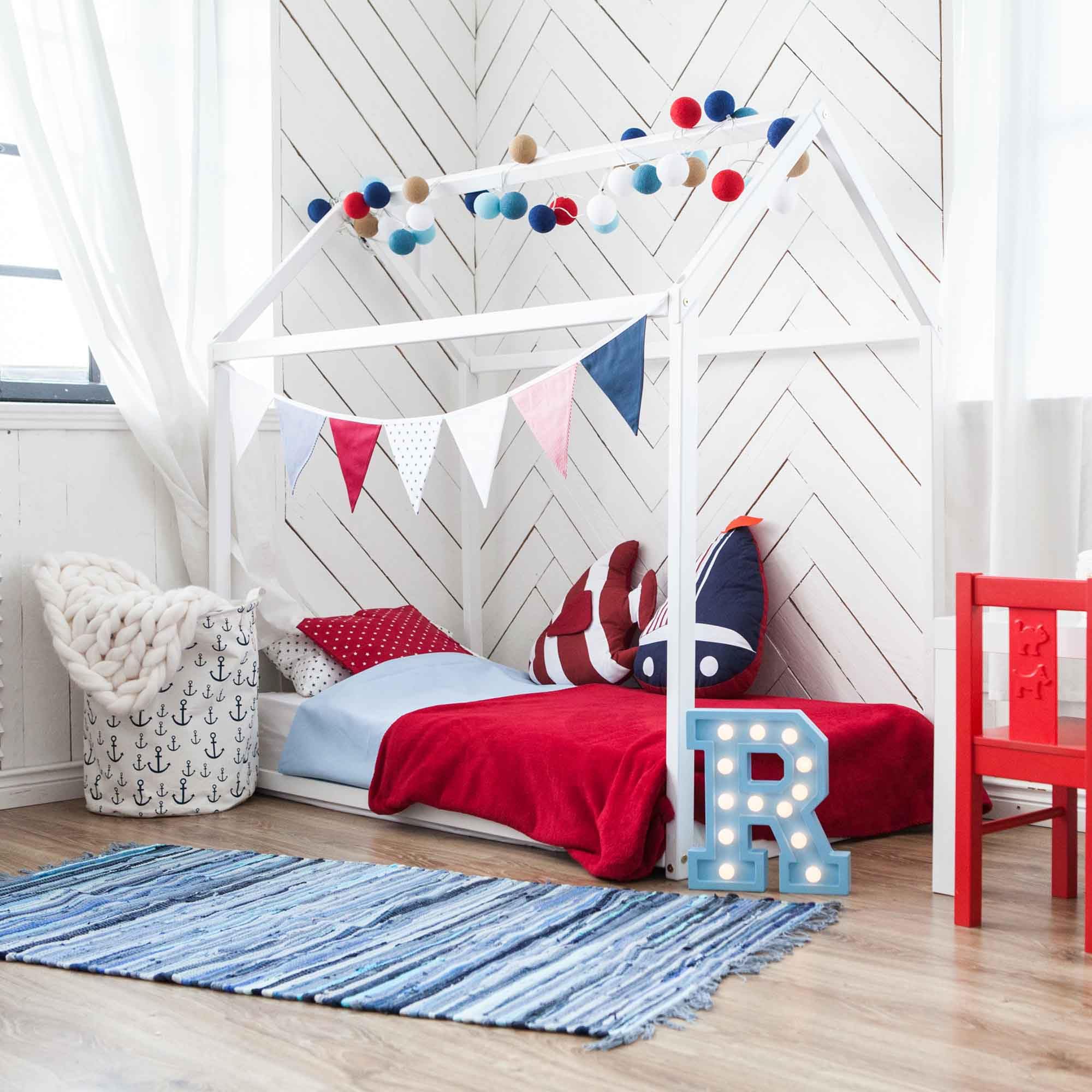 **Toddler Bed Frame - Wooden House Design Floor Bed with Twin Size Mattress Slats (39