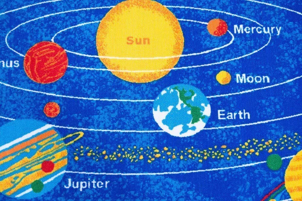 Non-Slip Washable Kids Educational Rug - Solar System Themed Playroom & Bedroom Carpet for Children | Blue Round 8x8 Feet | Perfect for Learning, Playtime & Nursery Decor