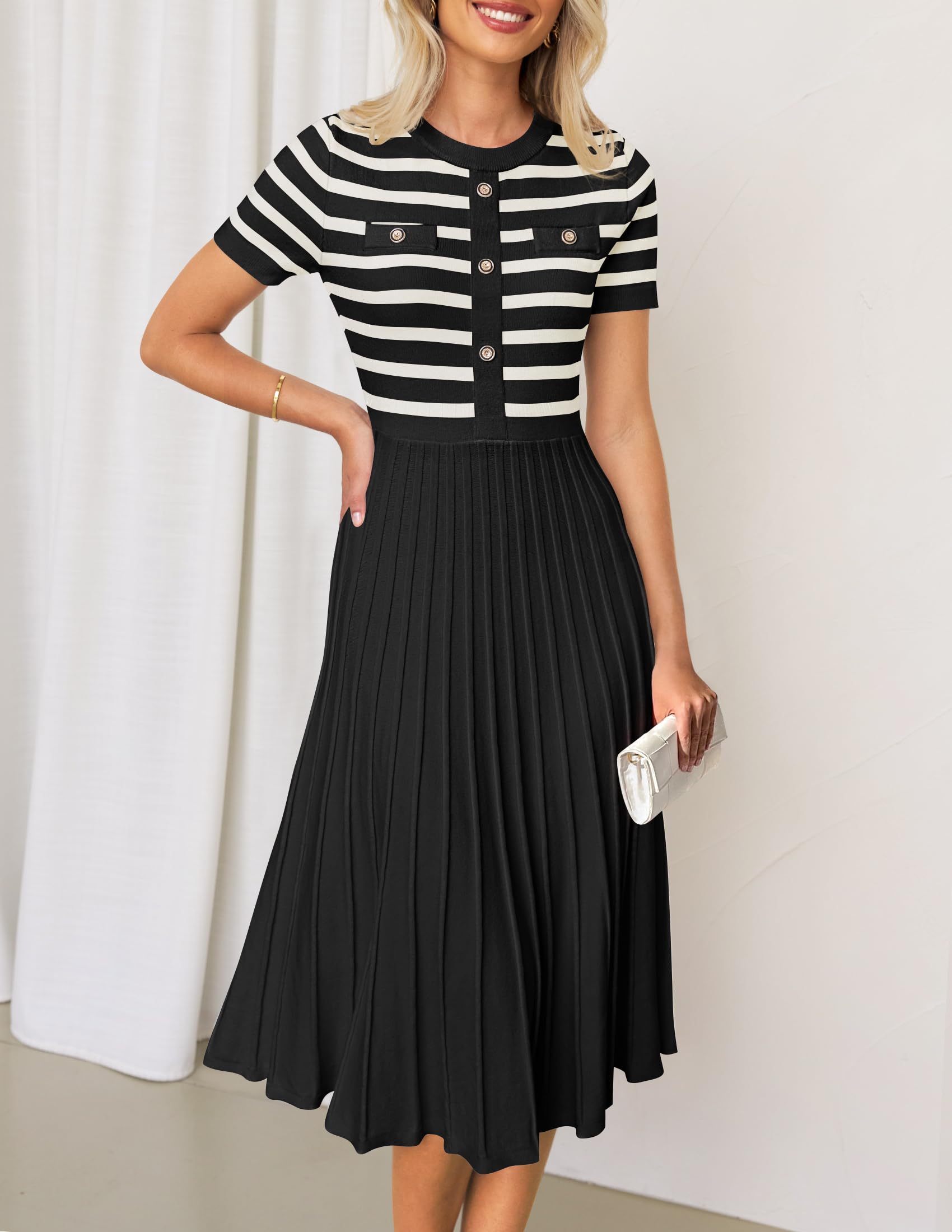 ZESICA Women's Casual Striped Midi Dress - Crewneck Short Sleeve Button Down Ribbed Knit Swing Pleated A-Line Dress for Spring Summer Office Work & Weekend Outings