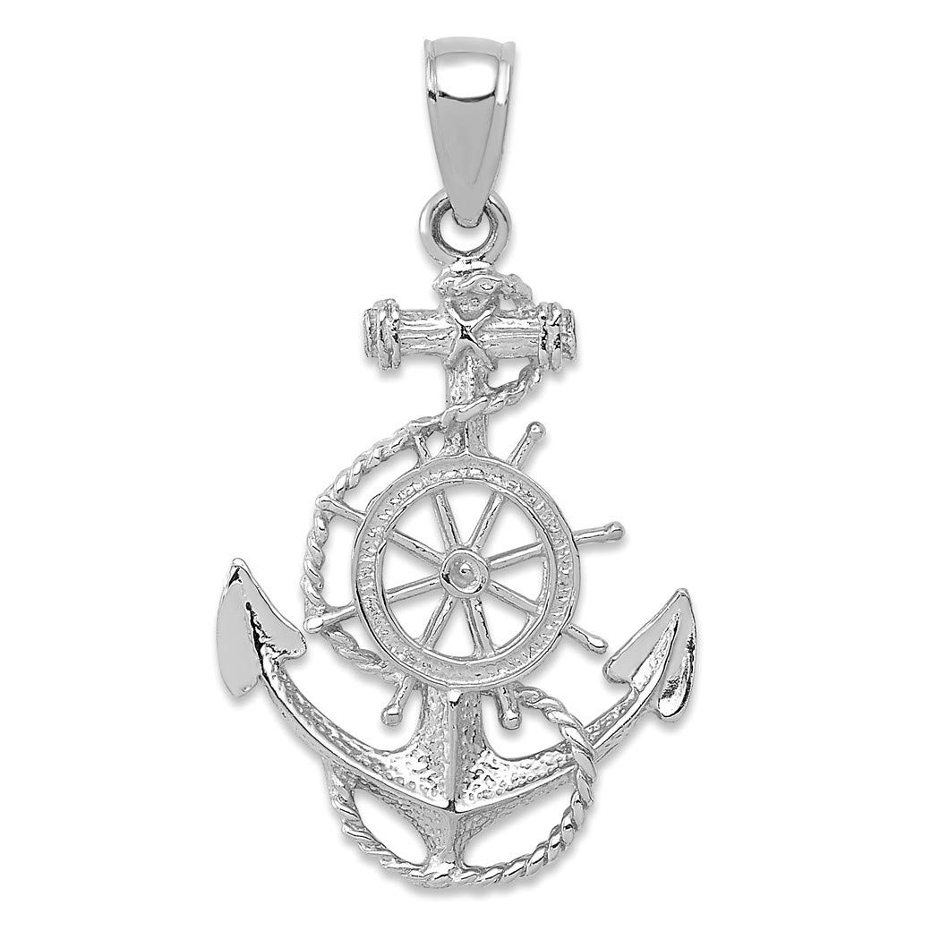 14K White Gold Nautical Anchor and Wheel Charm Pendant Necklace for Women - Perfect for Gifts, Beach Vacations, and Nautical-Themed Events