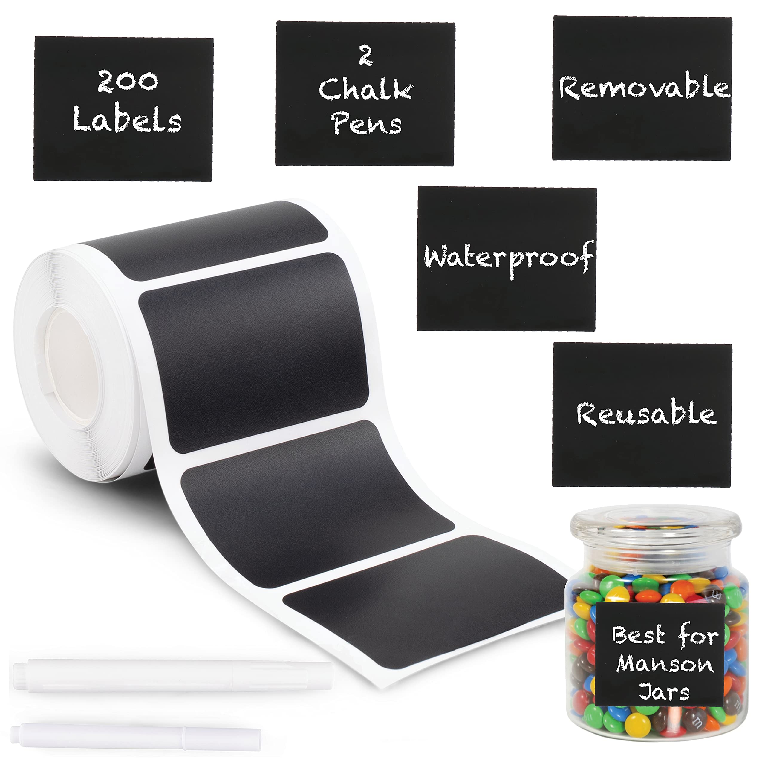 Reusable Waterproof Rectangle Chalkboard Labels 200pcs with 2 White Chalk Markers - Perfect for Storage Bins, Food Containers, Jars & Organizing Pantry, Kitchen, Office or Classroom Supplies