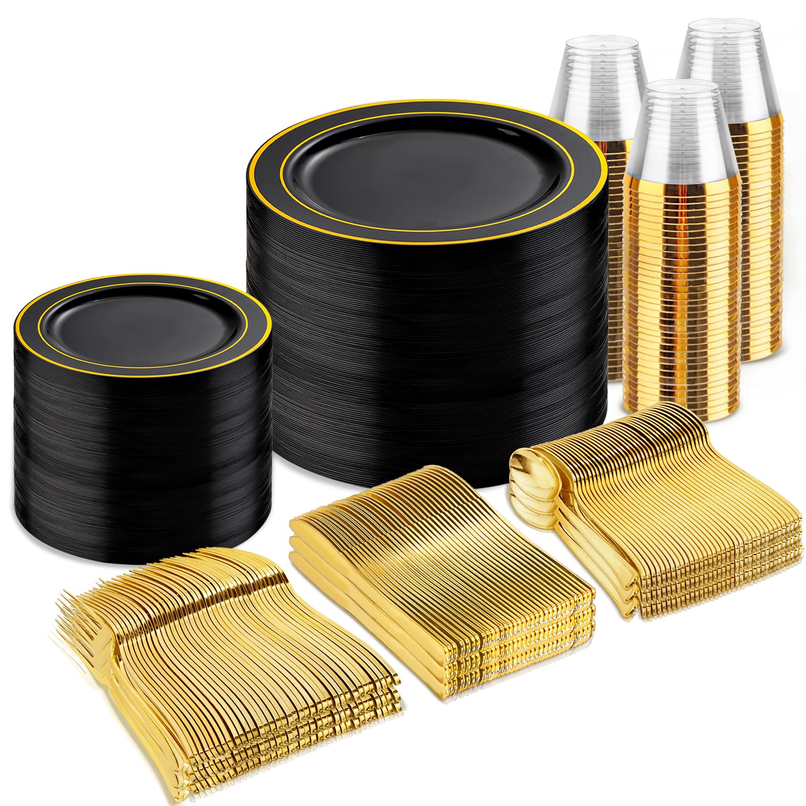 600-Piece Black and Gold Disposable Dinnerware Set - 100 Plastic Plates, 100 Dessert Plates, 100 Forks, 100 Knives, 100 Spoons & 100 Cups - Elegant Party Tableware for Weddings, Birthdays, Graduations and Special Events