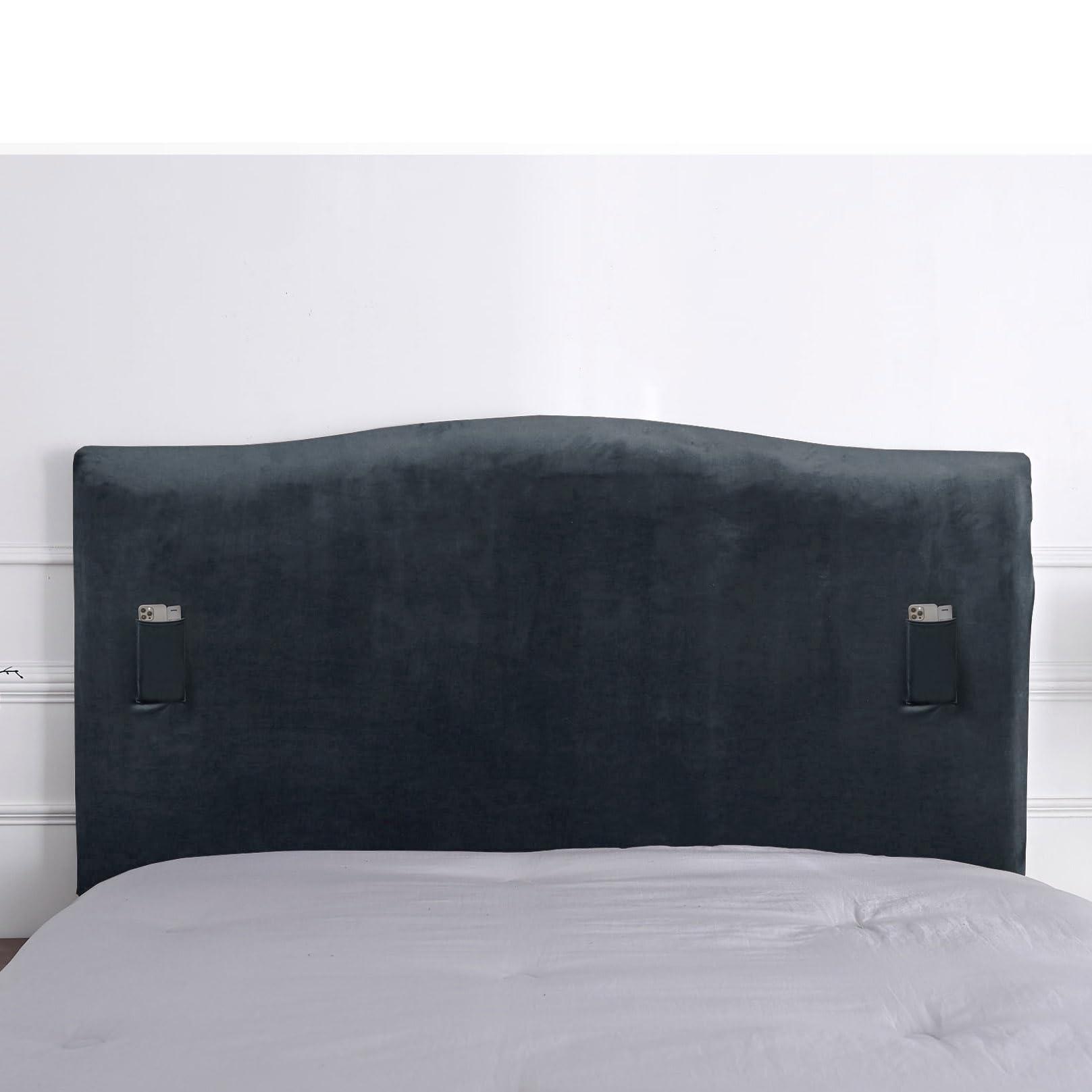 Velvet Bed Headboard Slipcover Protector - Stretch Solid Color Dustproof Cover for Queen King Size Beds (Dark Gray, 35
