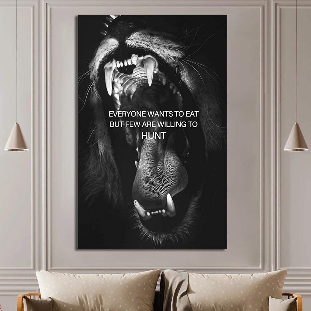 Lion Hunt Motivational Canvas Wall Art - Inspirational Entrepreneur Decor, Beast Mode Poster with Lion Teeth Quote - Success Art for Living Room, Bedroom, Office - Framed & Ready to Hang - Perfect for Home, Office & Gym Motivation