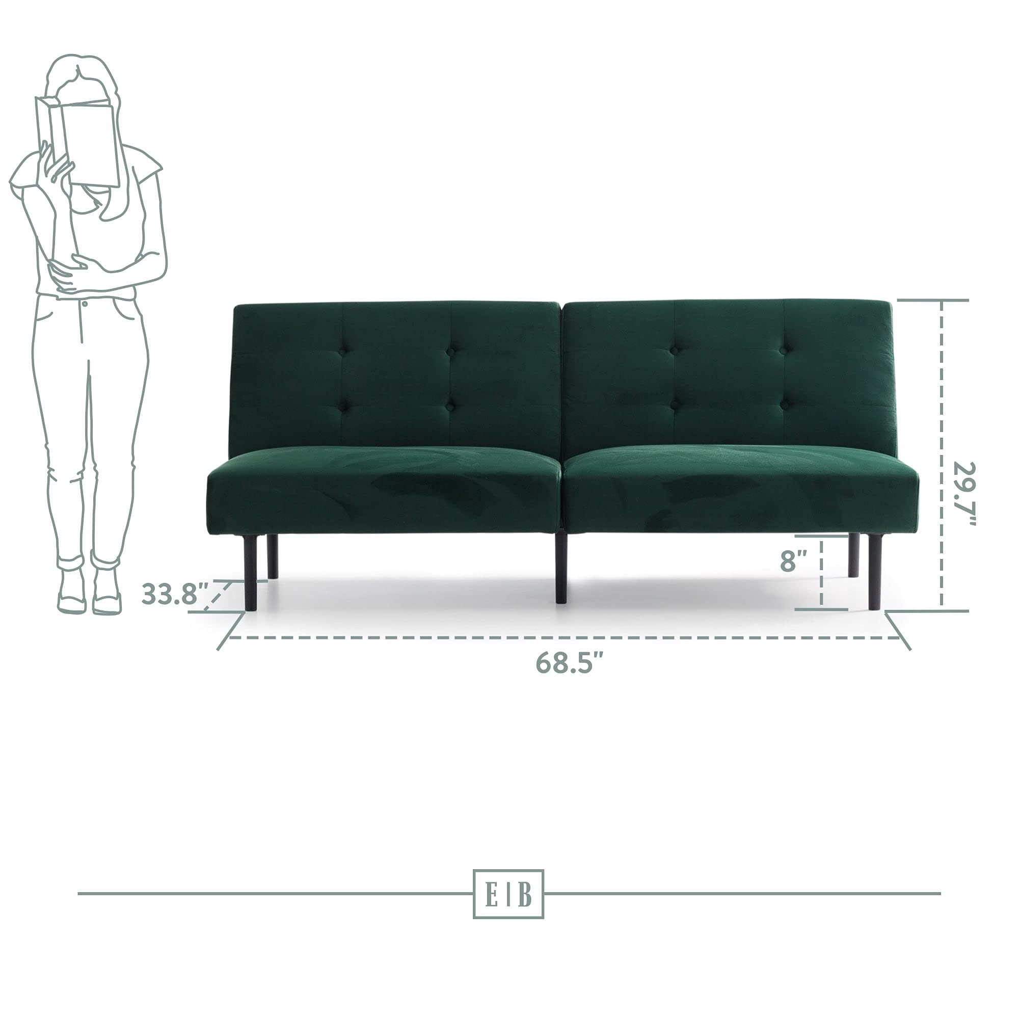 Edenbrook Gilman Convertible Futon Sofa Bed - Green Velvet Armless Couch for Small Spaces | Living Room, Guest Room & Studio Apartment Furniture