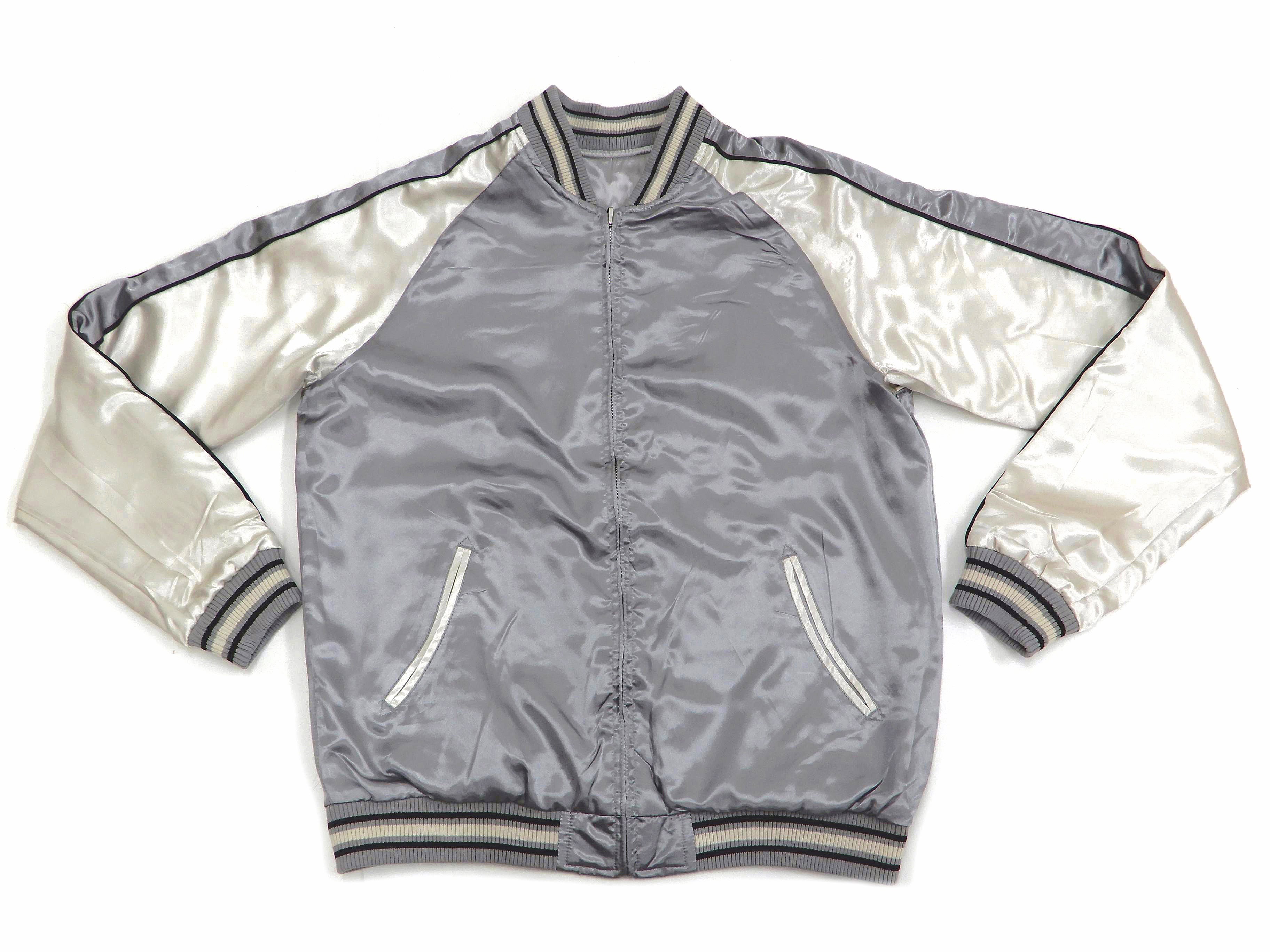 Japanese Sukajan Jacket for Men - Vintage Souvenir Bomber with Koi Fish Design, Gray/Off White - Perfect for Streetwear, Casual Outfits & Japanese Fashion Enthusiasts