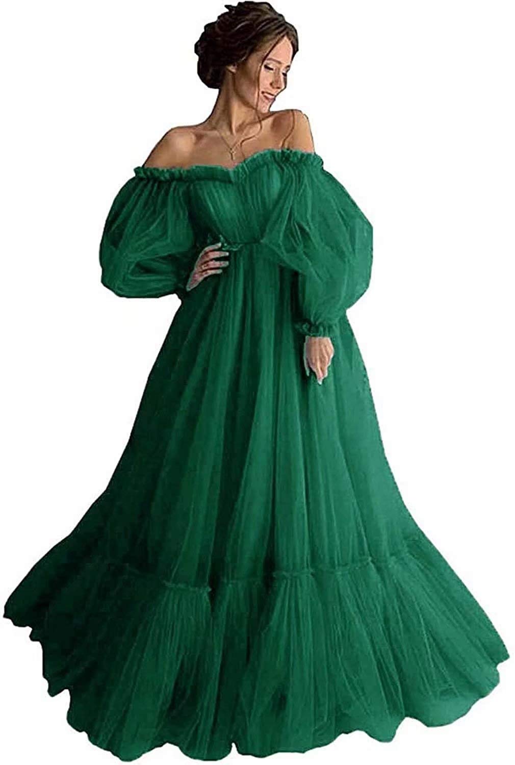 Elegant Off Shoulder Long Ruffle Sweetheart Tulle Ball Gown with Puffy Sleeves - Women's Prom Dress for Formal Events, Weddings & Special Occasions