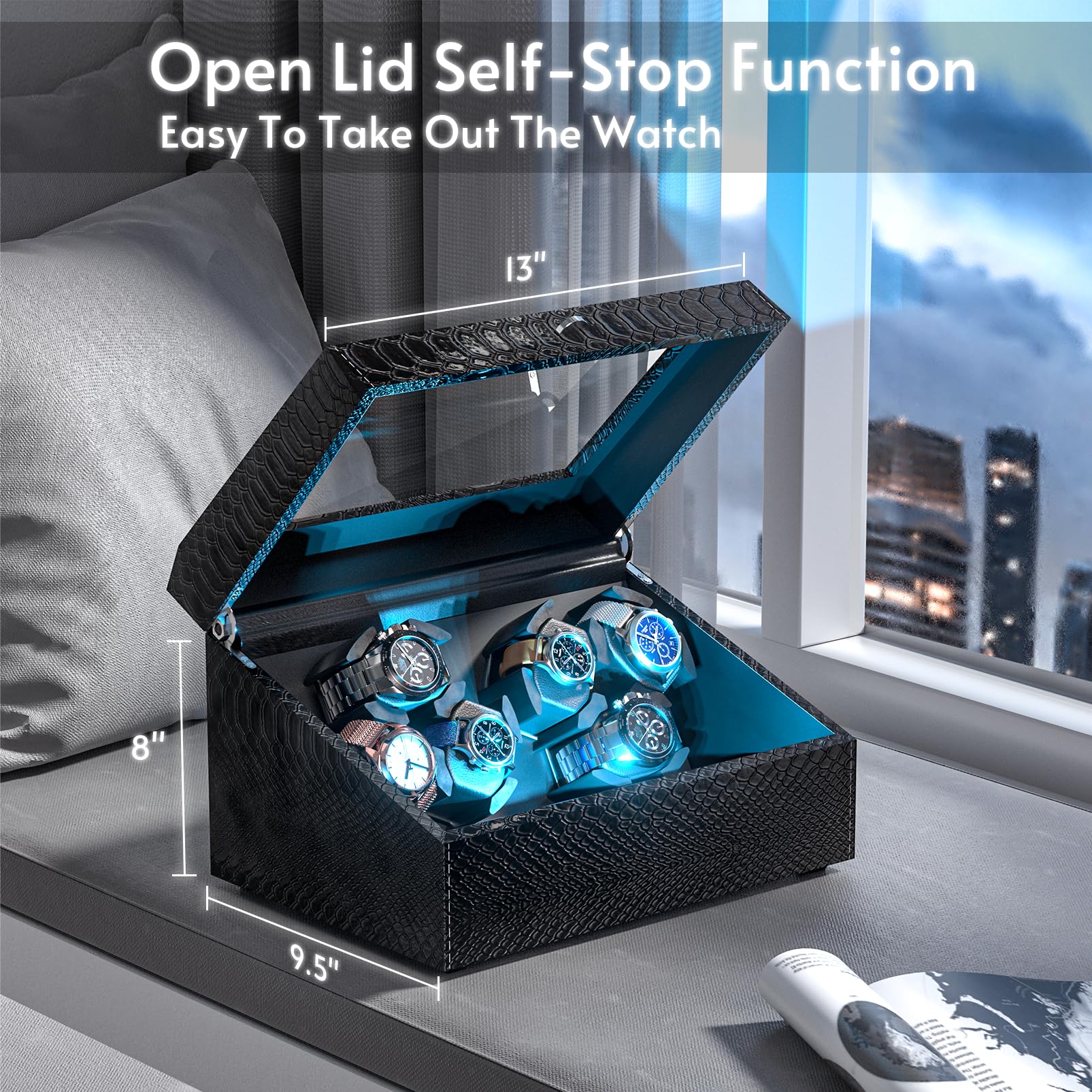 Premium Automatic Watch Winder for Men - 4/6 Slot Mabuchi Motor with 6 Extra Storage, Serenity Blue LED Backlight, Genuine Leather Case & Soft Velvet Interior | Open Lid Stop Technology & 4 Rotation Modes | Perfect for Watch Collectors, Travel & Nightstand Display