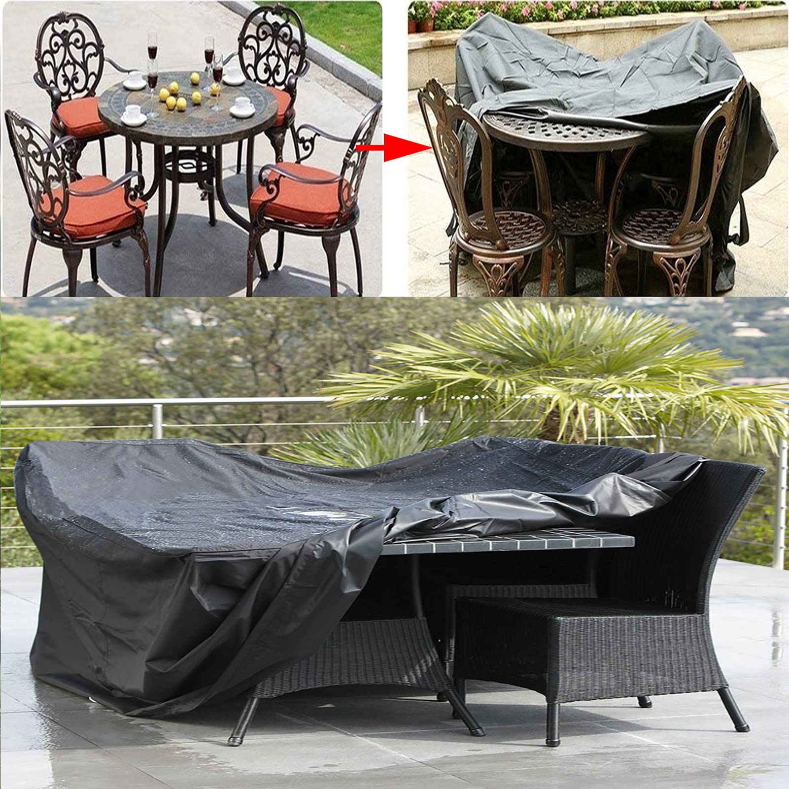 **ZWYGXL Black Round Waterproof Garden Furniture Cover - Tear Resistant, Windproof Outdoor Chair & Sofa Protector for Patio, Terrace, Table (300x110cm) - Perfect for Rain, Snow & UV Protection**