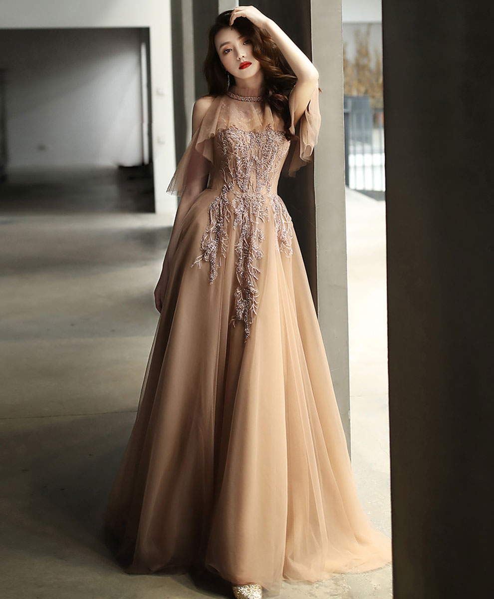 Elegant Champagne High Neck Tulle Lace Long Prom Dress for Women - Perfect for Formal Dances, Weddings & Special Occasions