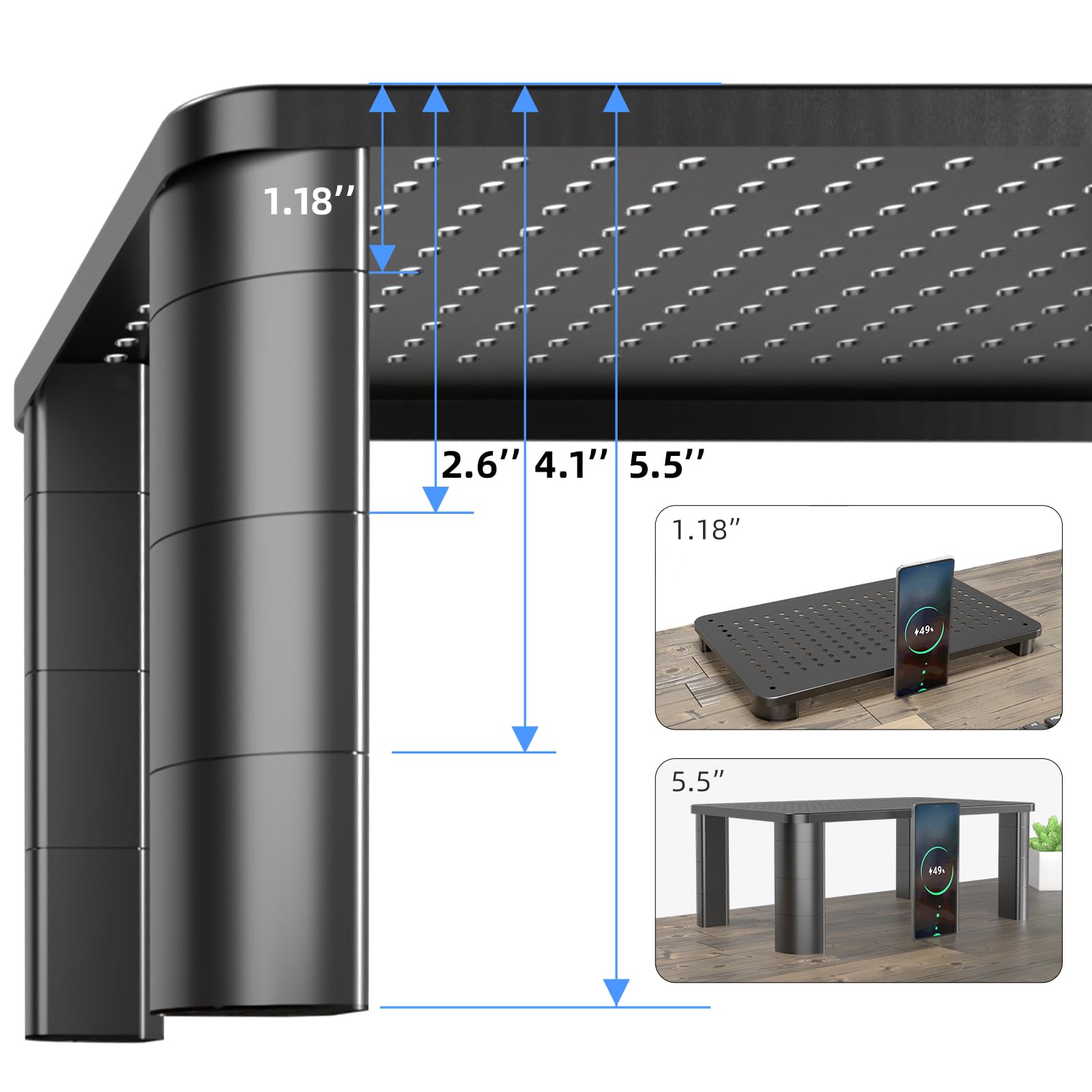 Pholiten Adjustable Monitor Stand Riser - 3 Height Settings, Ergonomic Laptop Stand with Airflow Vents, Desk Organizer for Monitors & Laptops Up to 44lbs - Perfect for Home Office, Gaming Setup and Workspace Organization