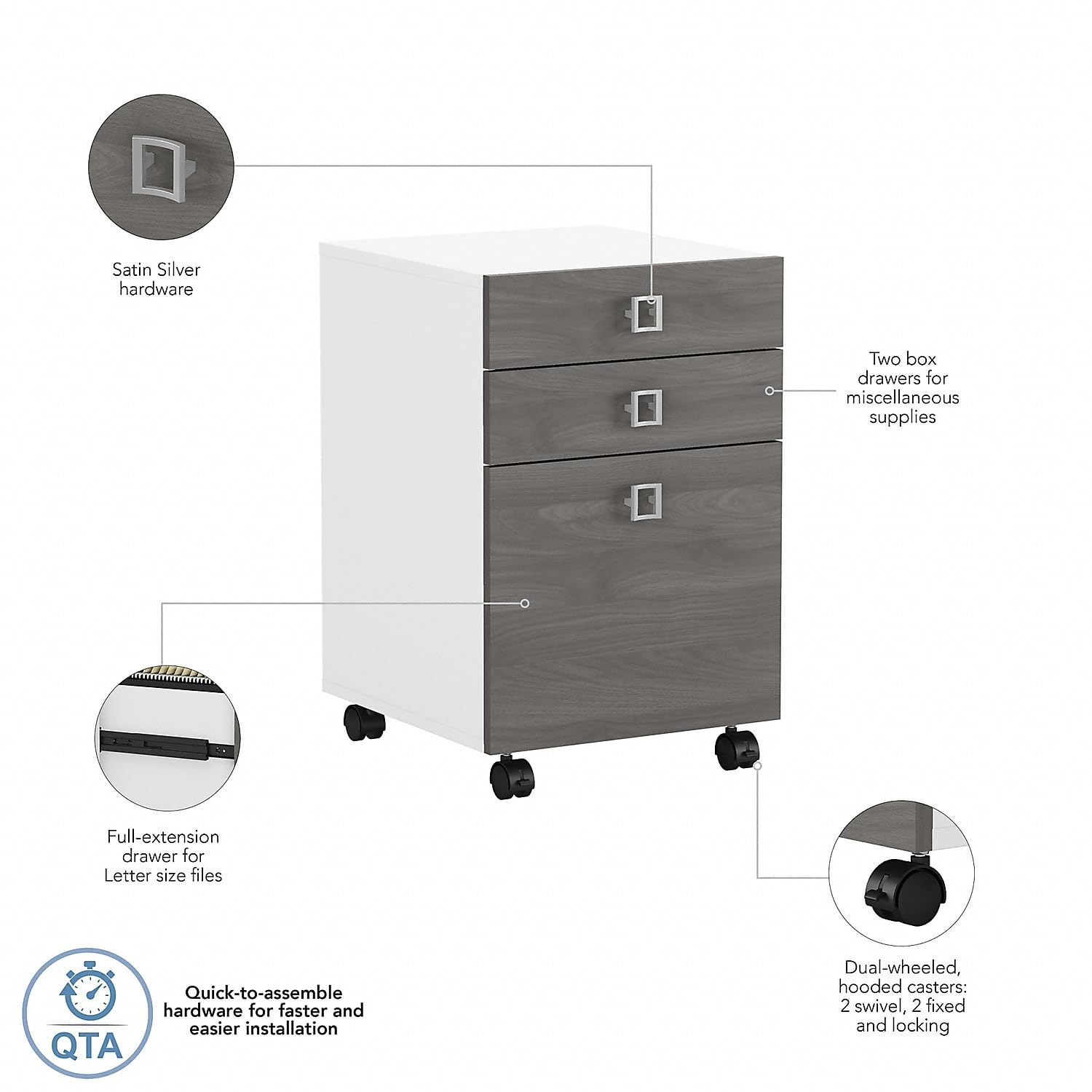 Bush Business Furniture Mobile File Cabinet with Satin Silver Hardware | Echo Collection Under Desk Filing Drawer Storage for Home Office or Professional Workspace | 16