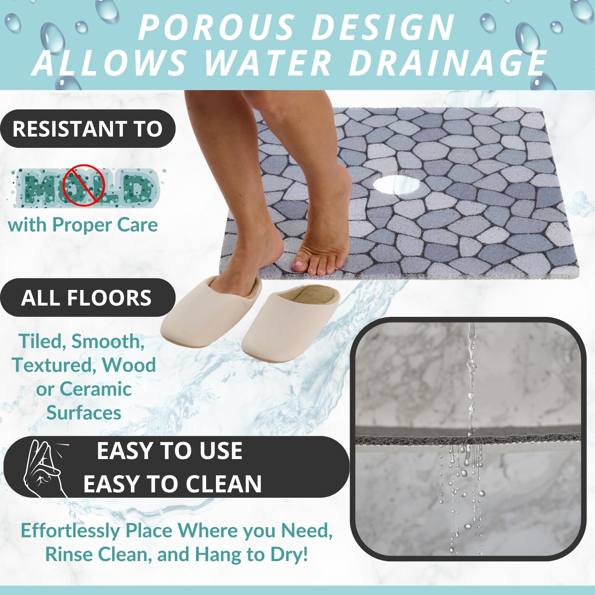 Non-Slip Pebble Blue Shower Mat with Center Drain Hole - 27x27 Inch Square Bath Mat for Shower Stall - Secure Loofah Texture Anti-Slip Floor Mat - Perfect for Bathroom Safety and Comfort - Ideal for Elderly, Kids & Wet Areas