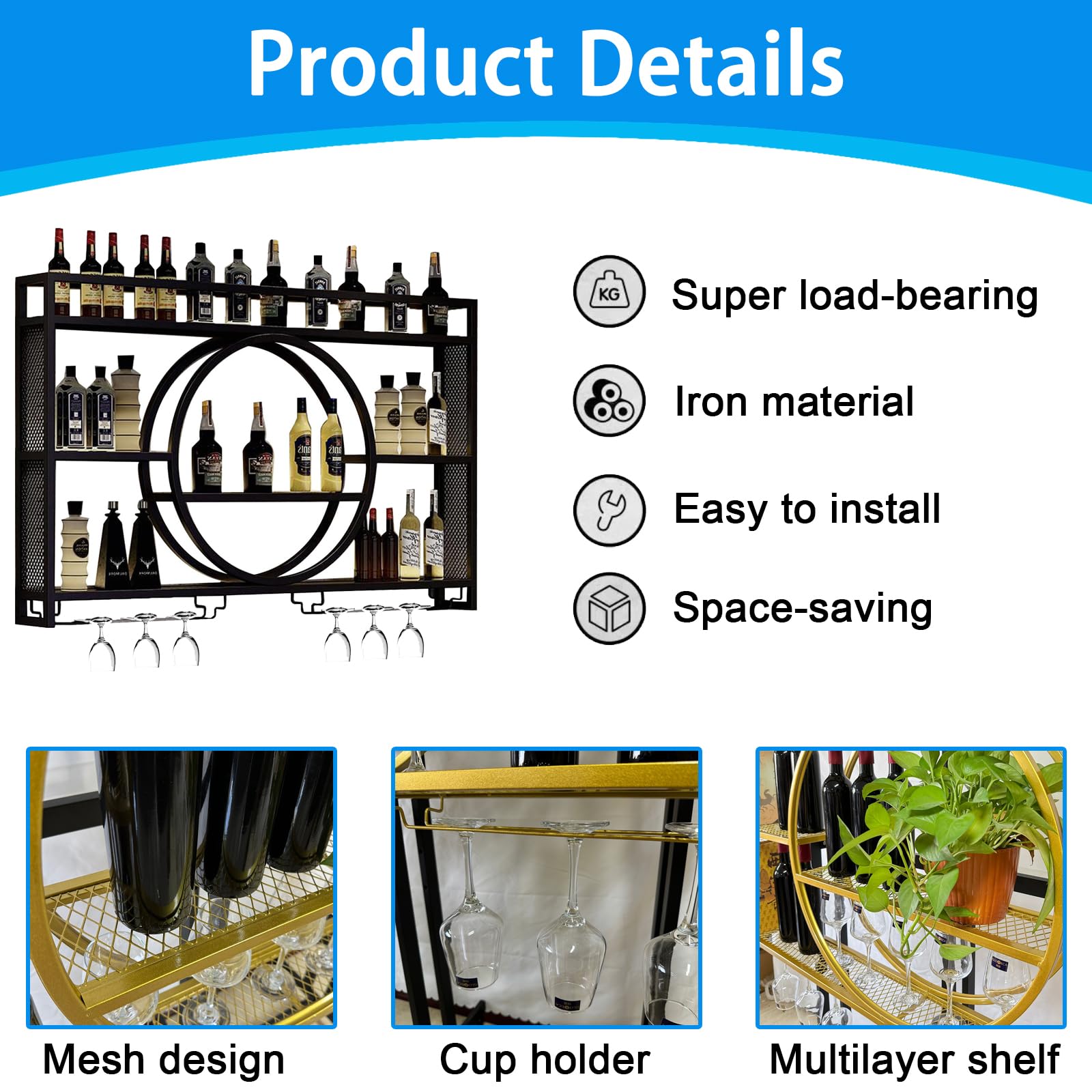 3-Tier Wall Mounted Wine Rack - Large Capacity Iron Wine Glass Display & Storage with Cup Holder (39.4