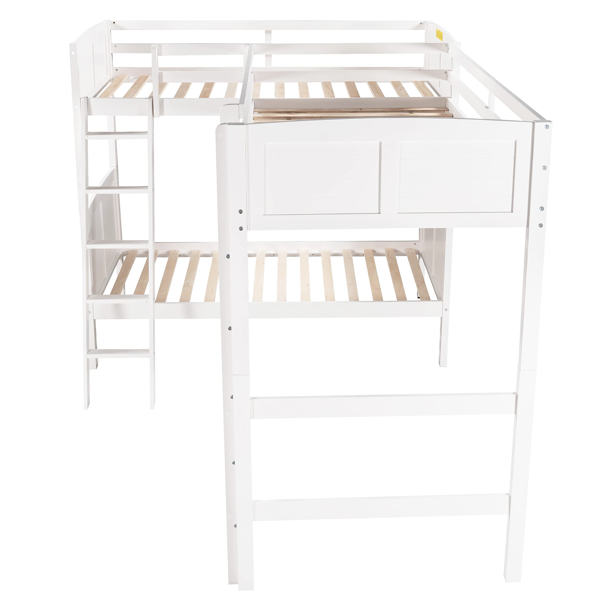 RUNNA Solid Wood L-Shaped Twin Size Triple Bunk Bed with Guardrails & 2 Ladders - No Box Spring Needed (White+TP) - Perfect for Kids' Bedrooms, Dorm Rooms & Space-Saving Home Solutions