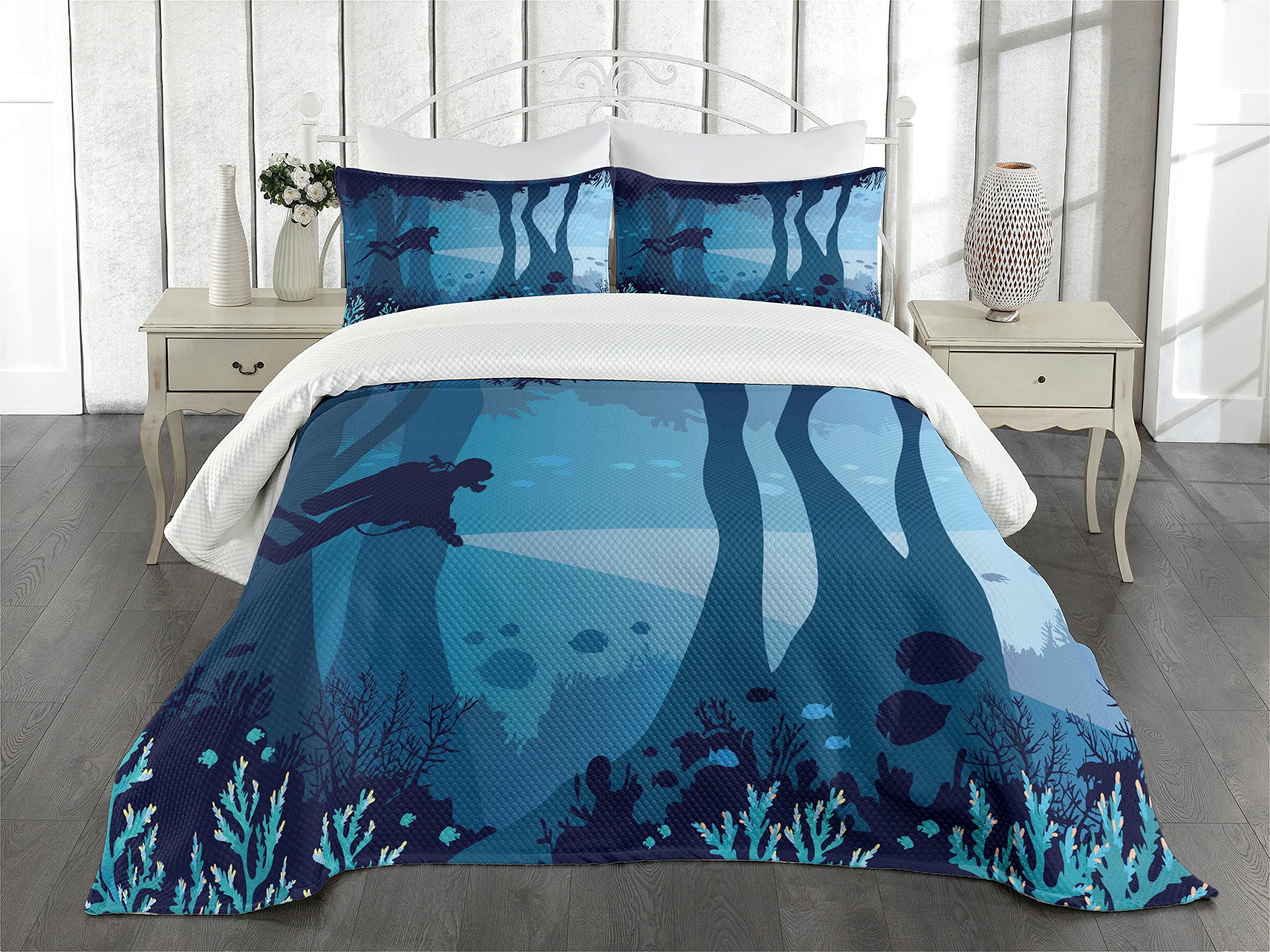 Ambesonne Diver Bedspread Set - King Size Night Blue Underwater Cave Coral Reef Fish Design | 3-Piece Quilted Coverlet with 2 Pillow Shams | Perfect for Beach House Decor, Ocean Theme Bedroom & Scuba Diving Enthusiasts