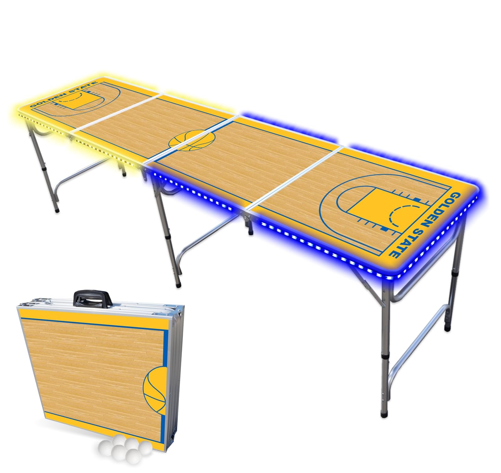 8-Foot Folding Portable Beer Pong Table with LED Lights & Optional Cup Holders - Golden State Basketball Court Design for Parties, Tailgates & Outdoor Games (Choose Your Model)