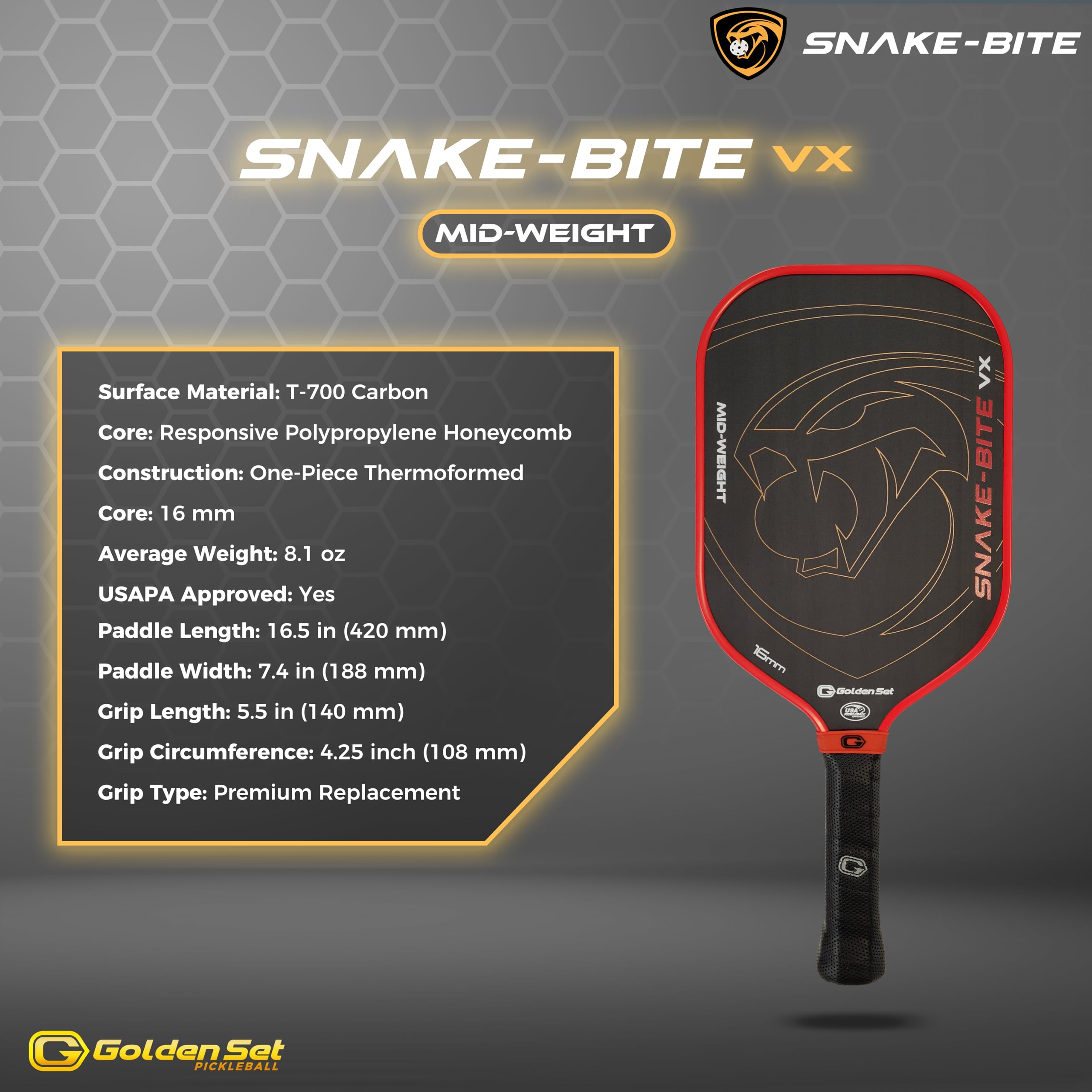 Premium Golden Set Snake-Bite VX Pickleball Paddle - USAP Approved Thermoformed T-700 Carbon Fiber Mid-Weight Paddle for Competitive Play & Tournament Use - Perfect for Outdoor & Indoor Pickleball Games