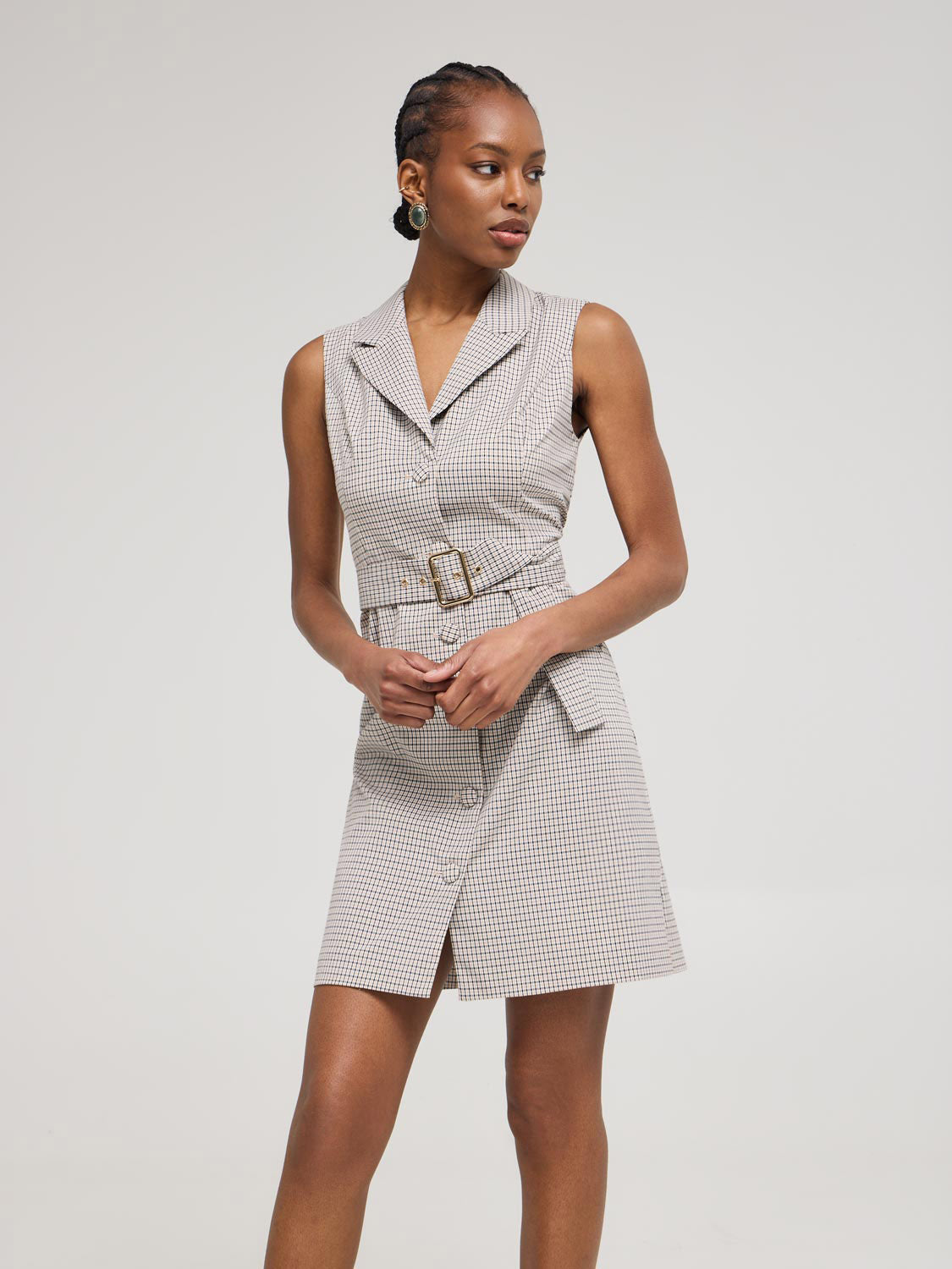 Women's Sleeveless Plaid Blazer Dress with Adjustable Belt - Office Wear, Business Casual, Cocktail Party Outfit