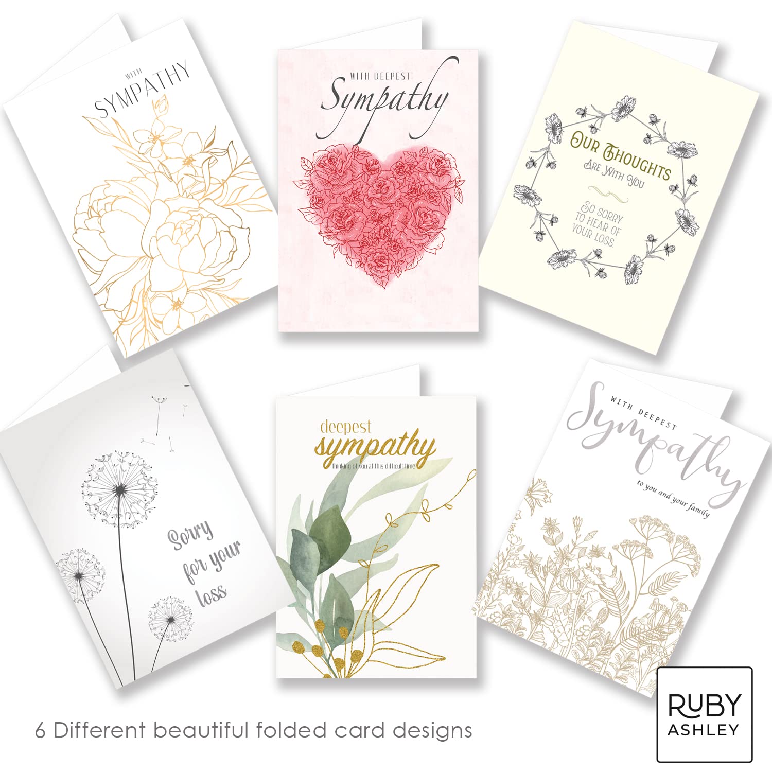 Ruby Ashley Sympathy Cards - 30 Pack with White Envelopes | Condolence, Thinking of You, Sorry For Your Loss Greeting Cards | Made in UK | Perfect for Funeral, Memorial & Comforting Loved Ones