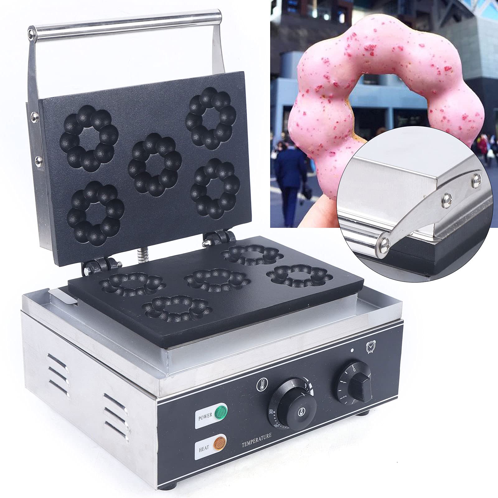 **Commercial 1500W Electric Donut Maker Machine - 5 Holes Double-Sided Non-Stick Waffle & Doughnut Baker for Professional Kitchens, Bakeries & Cafes (110V) - Perfect for Breakfast, Desserts & Party Snacks**