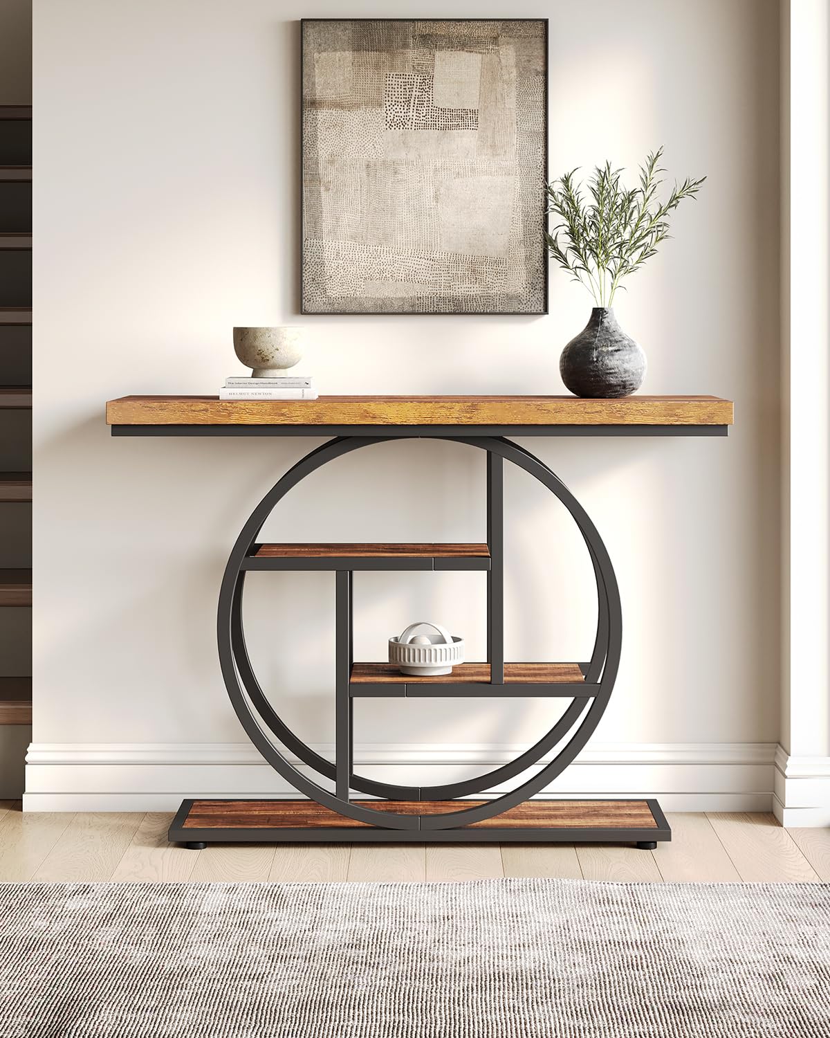 LITTLE TREE 4-Tier Console Table - 41.3 Inch Industrial Entryway Sofa Table for Living Room, Rustic Brown & Black Hallway Furniture - Perfect for Small Space Organization & Home Decor